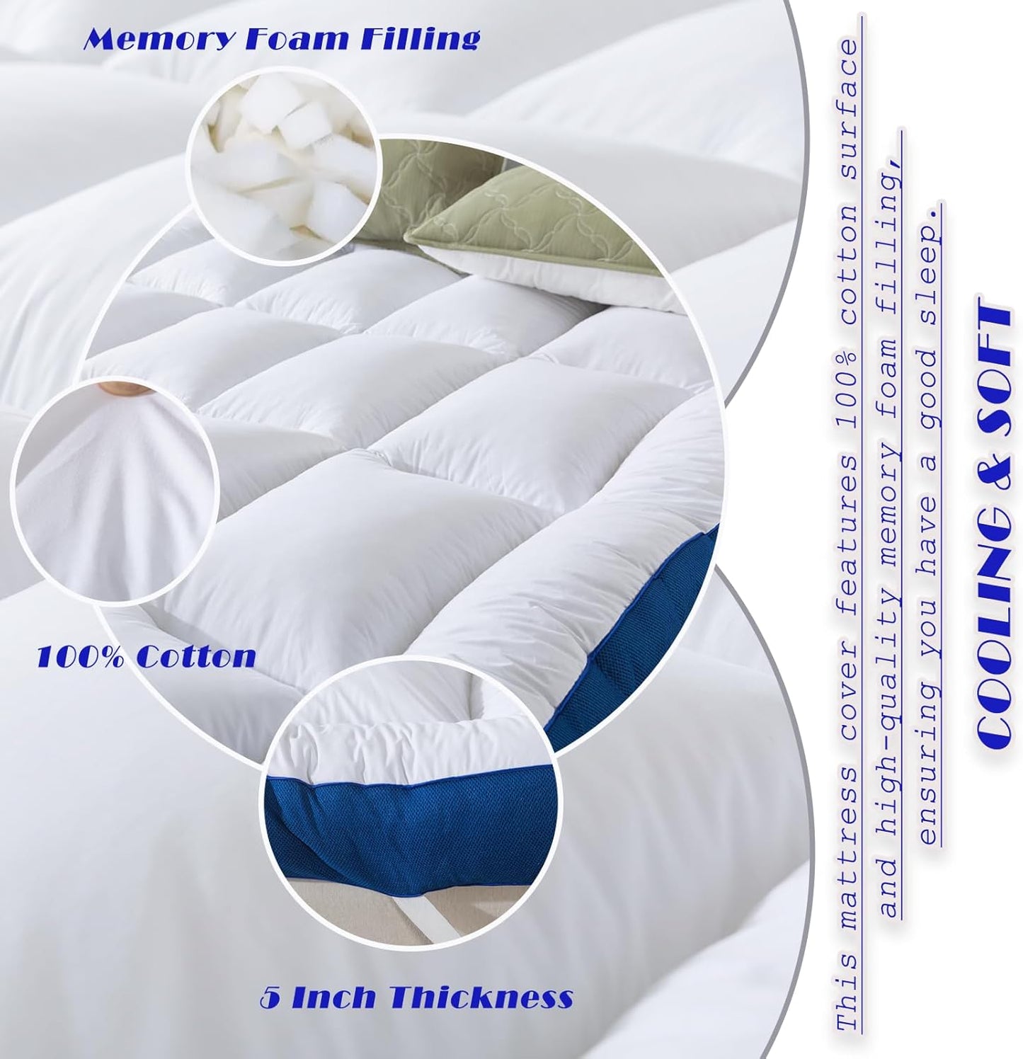 WhatsBedding 5 Inch Memory Foam Queen Mattress Topper 100% Cotton Top, Filled with Breathable & Soft Memory Foam Pillow Top,4 Elastic Straps