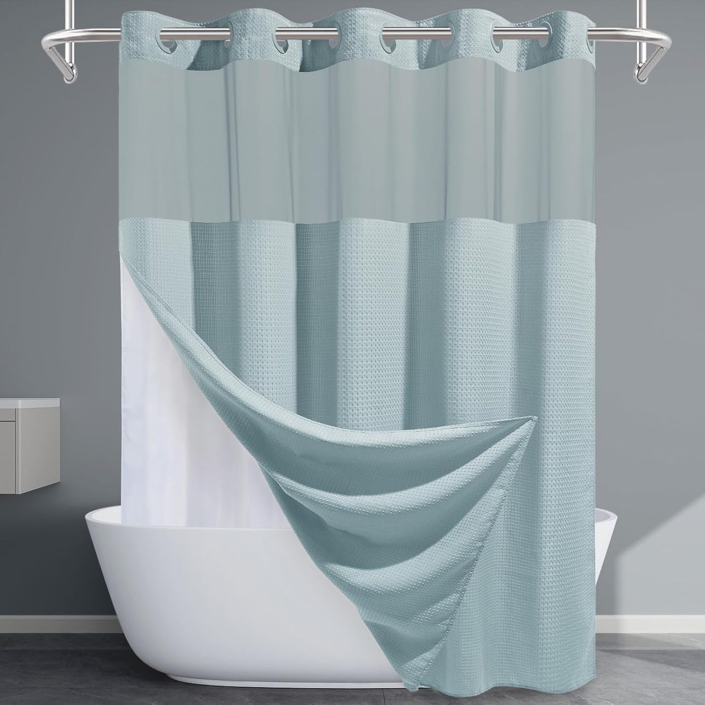 Grey Shower Curtain and Liner Set - 230GSM Waffle Weave Textured Heavy Duty,Hotel Luxury Weighted Bath Curtain,71W x 74H