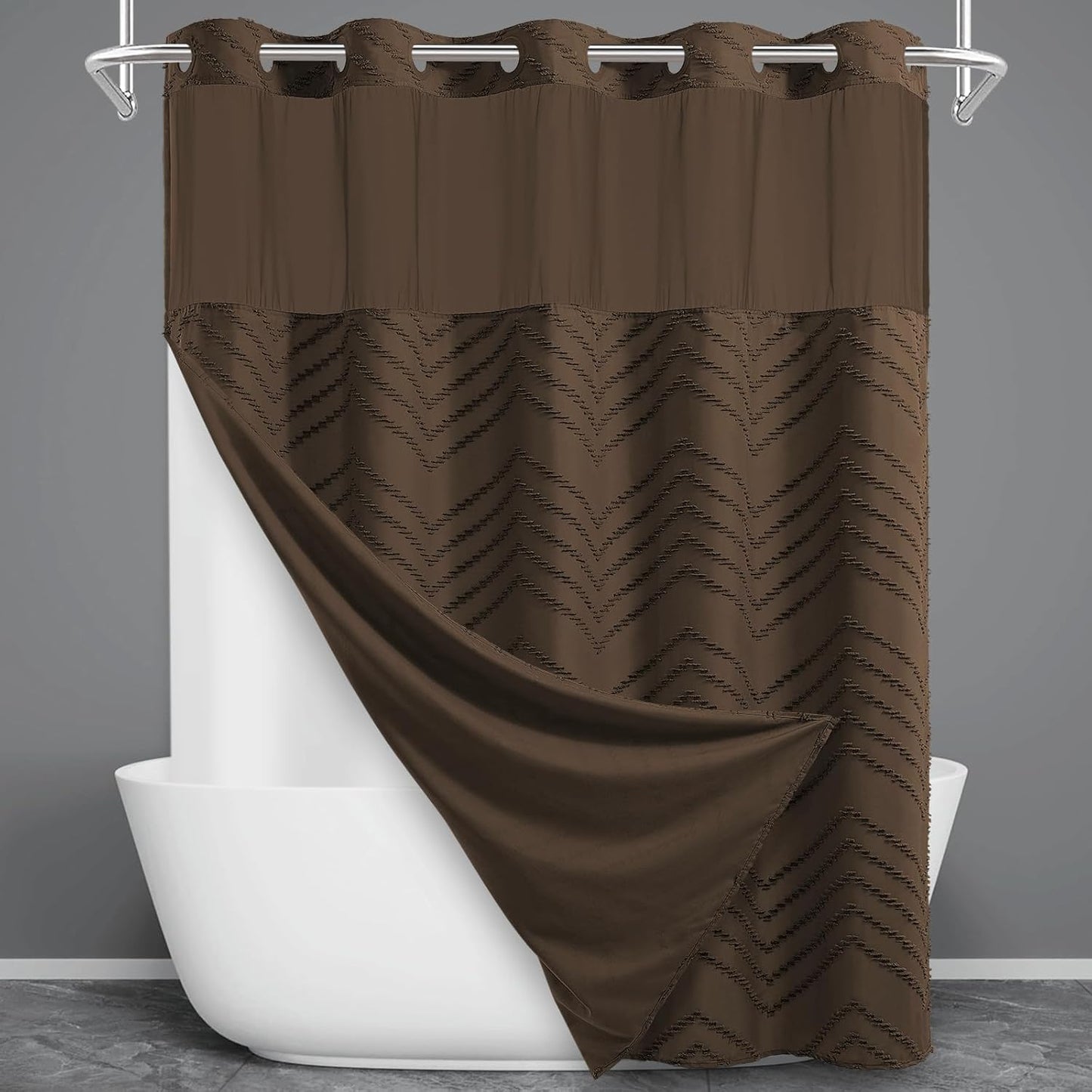No Hook Shower Curtain with Snap in Liner, Black Tufted Chevron Striped Shower Curtains for Bathroom, Waterproof & Washable, 71Wx74H