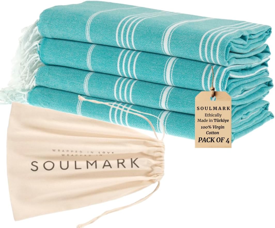 SOULMARK 100% Cotton Turkish Beach Towel with Bag - 38"x71" - 4 Pack - Made in Green & Oeko TEX Certified - Pre-Washed and Sand Free - Quick Dry and Lightweight for Travel - Made in Turkey - Purple