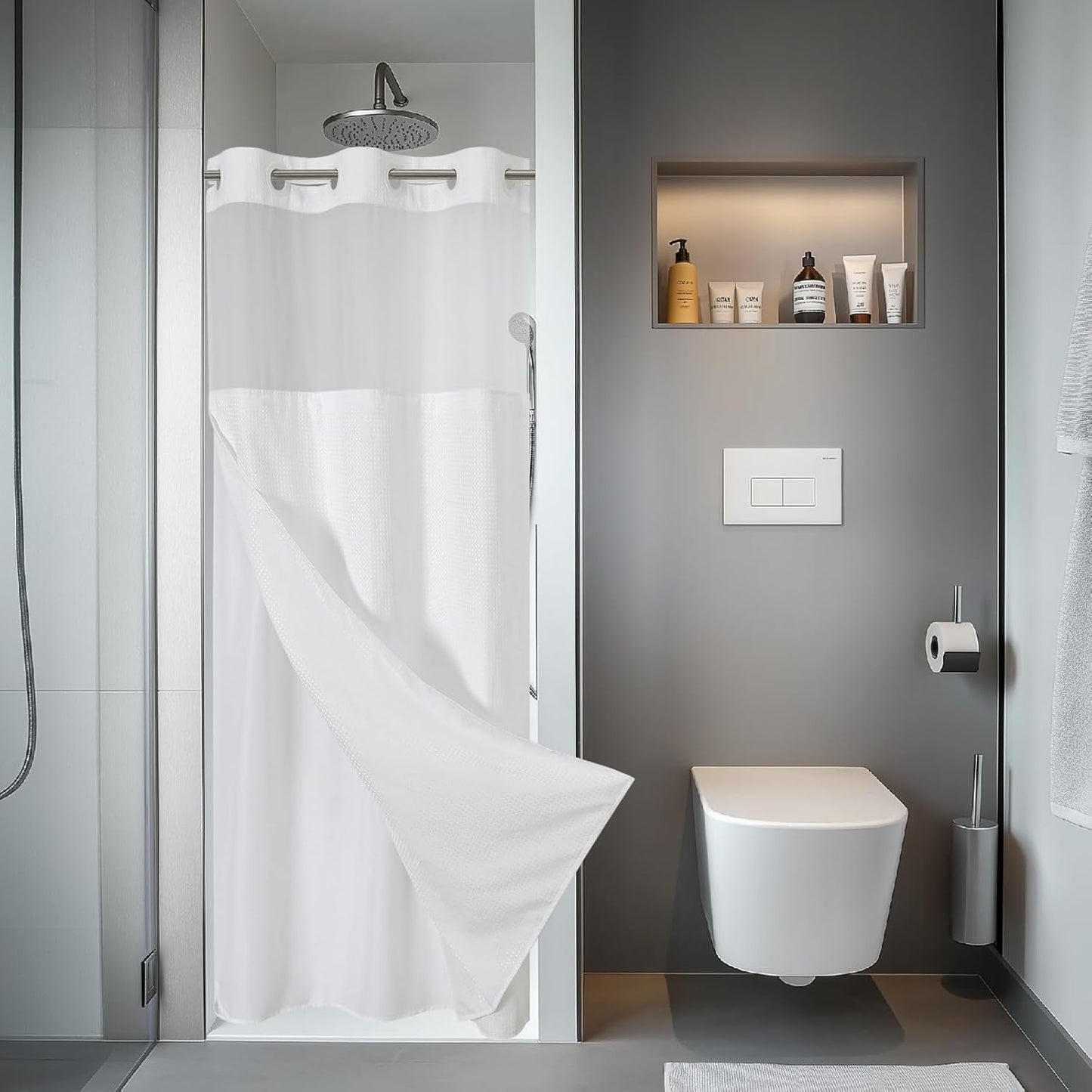 Grey No Hook Waffle Weave Shower Curtain with snap-in Liner Replacement, 230GSM Waterproof Fabric Hotel Shower Curtain Set for Bathroom, Through Mesh Top Window,71Wx74H