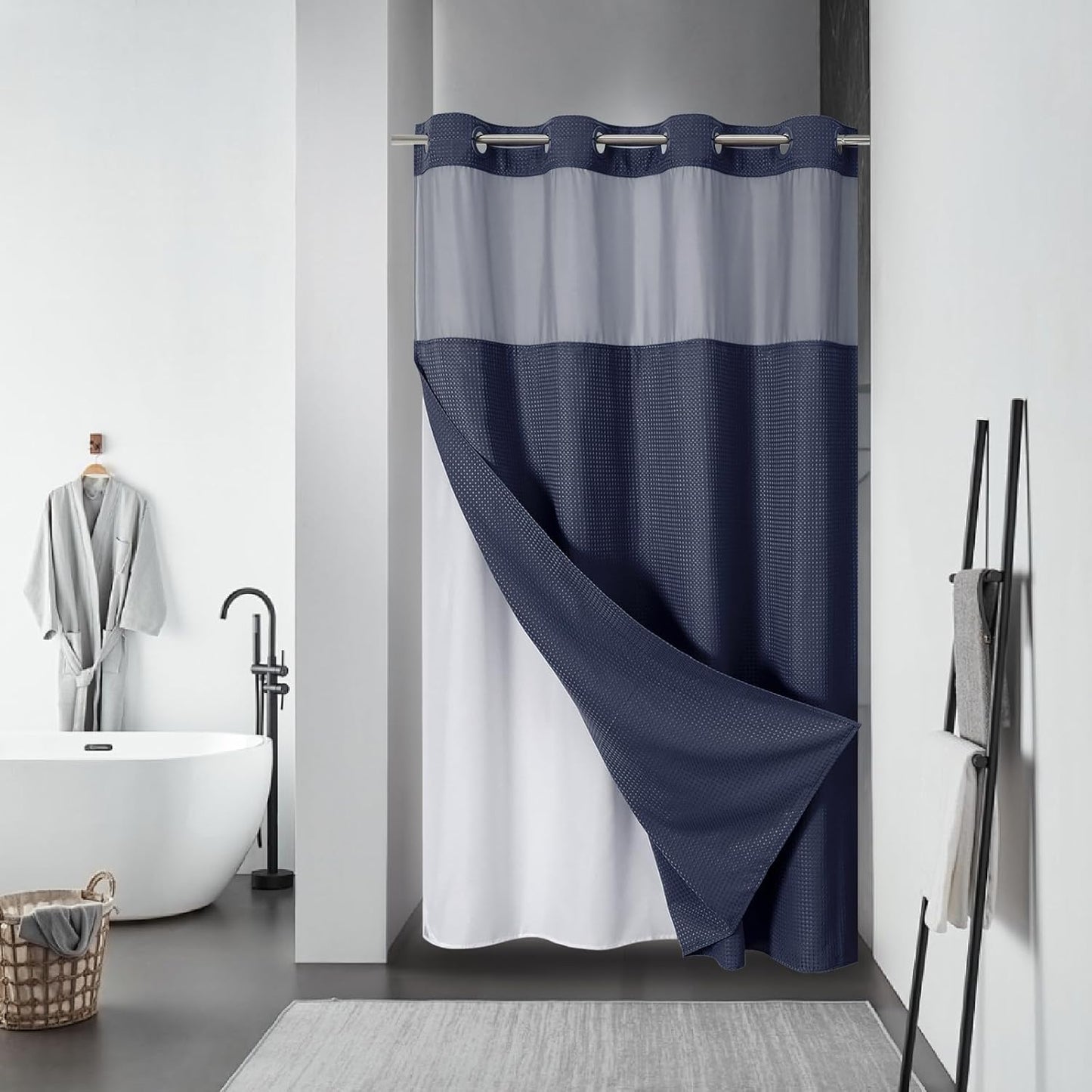 Grey No Hook Waffle Weave Shower Curtain with snap-in Liner Replacement, 230GSM Waterproof Fabric Hotel Shower Curtain Set for Bathroom, Through Mesh Top Window,71Wx74H