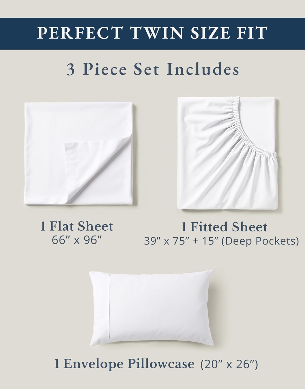 LANE LINEN 100% Organic Cotton Twin Sheets Set, 3Pc Twin Bed Sheets, Soft & Comfy Breathable Cotton Percale Sheets for Twin Size Bed, Dorm Room Essentials Low Pill Fade Resistant White Sheets