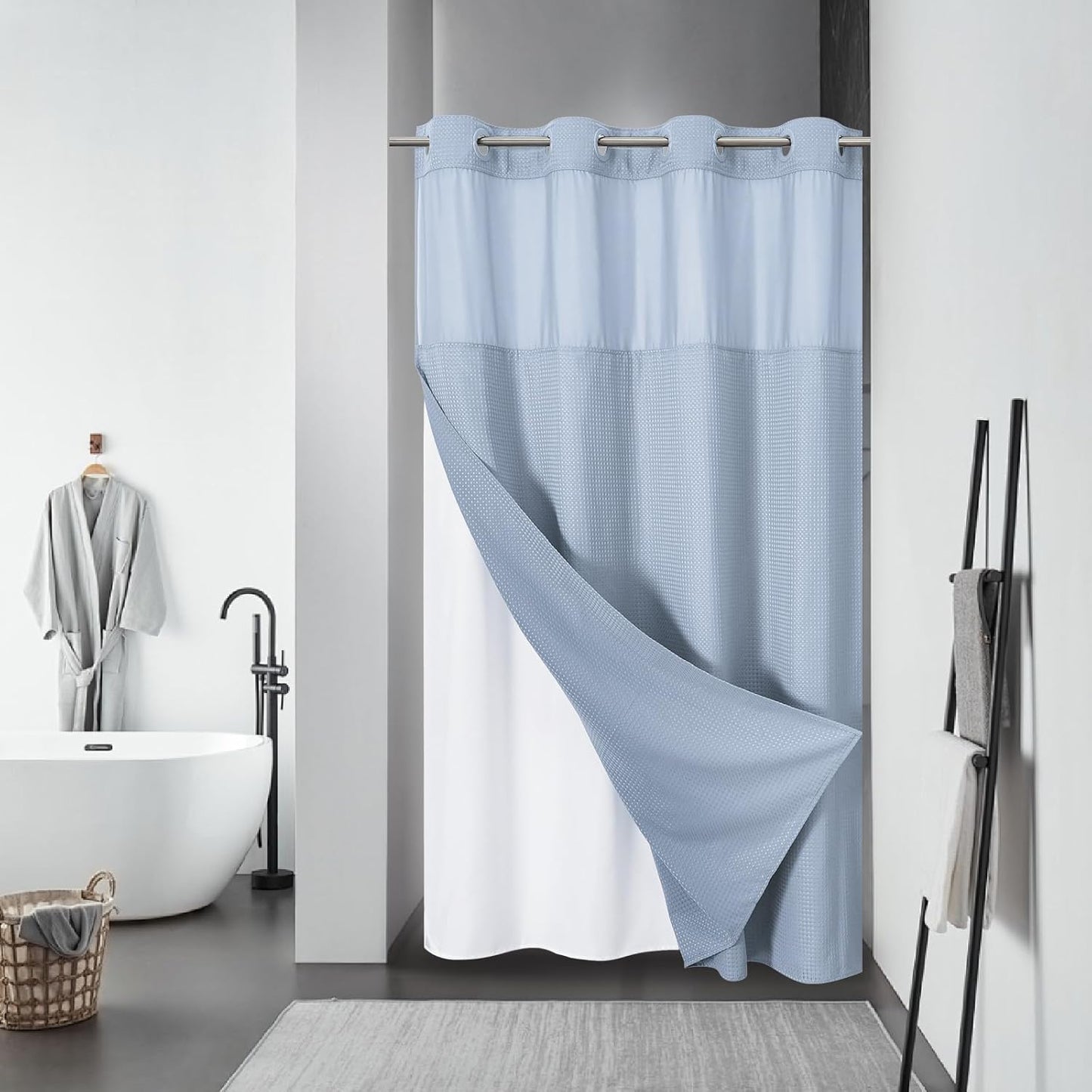 Grey No Hook Waffle Weave Shower Curtain with snap-in Liner Replacement, 230GSM Waterproof Fabric Hotel Shower Curtain Set for Bathroom, Through Mesh Top Window,71Wx74H