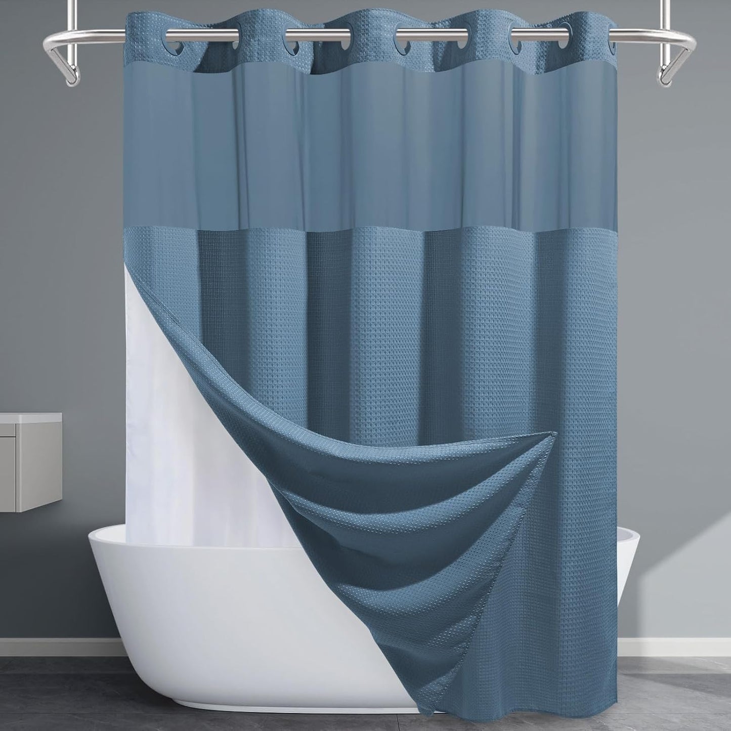 Grey Shower Curtain and Liner Set - 230GSM Waffle Weave Textured Heavy Duty,Hotel Luxury Weighted Bath Curtain,71W x 74H