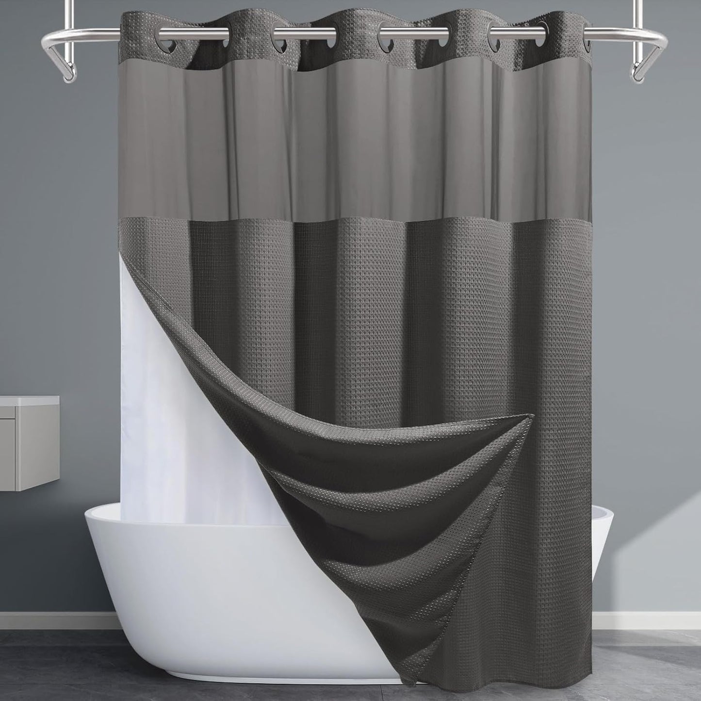 Grey Shower Curtain and Liner Set - 230GSM Waffle Weave Textured Heavy Duty,Hotel Luxury Weighted Bath Curtain,71W x 74H