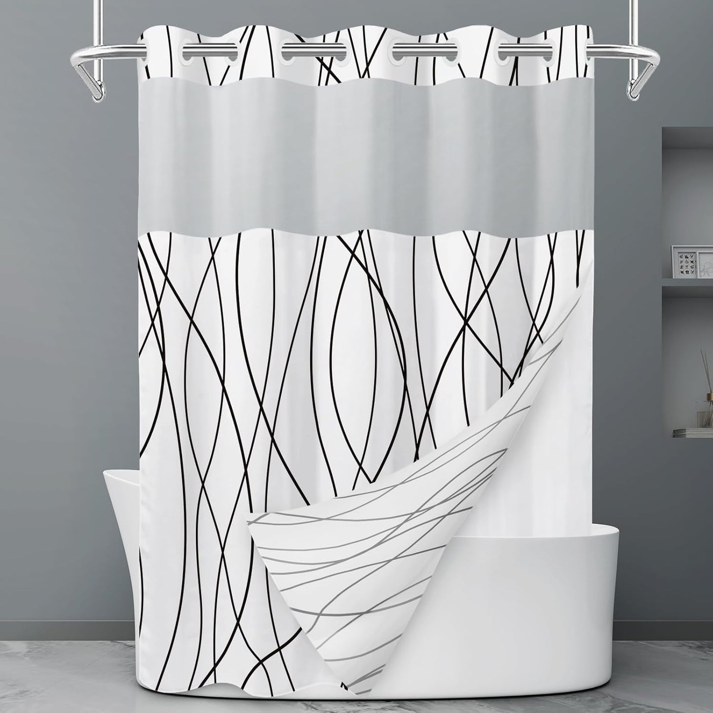 No Hook Grey White Striped Shower Curtain with Snap in Fabric Liner Set - Hotel Liner Set with See Through Mesh Top Window,Machine Washable, 71x74 INCH