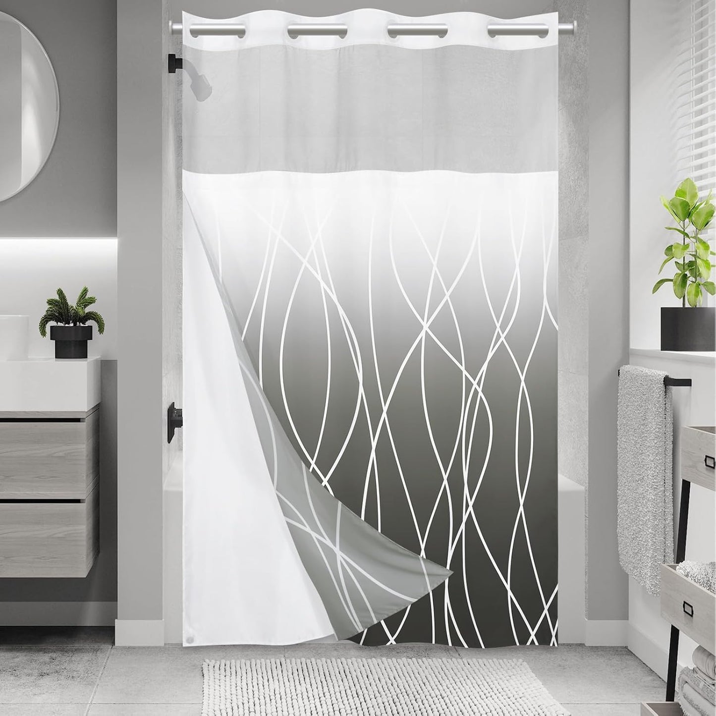 No Hook Grey White Striped Shower Curtain with Snap in Fabric Liner Set - Hotel Liner Set with See Through Mesh Top Window,Machine Washable, 71x74 INCH