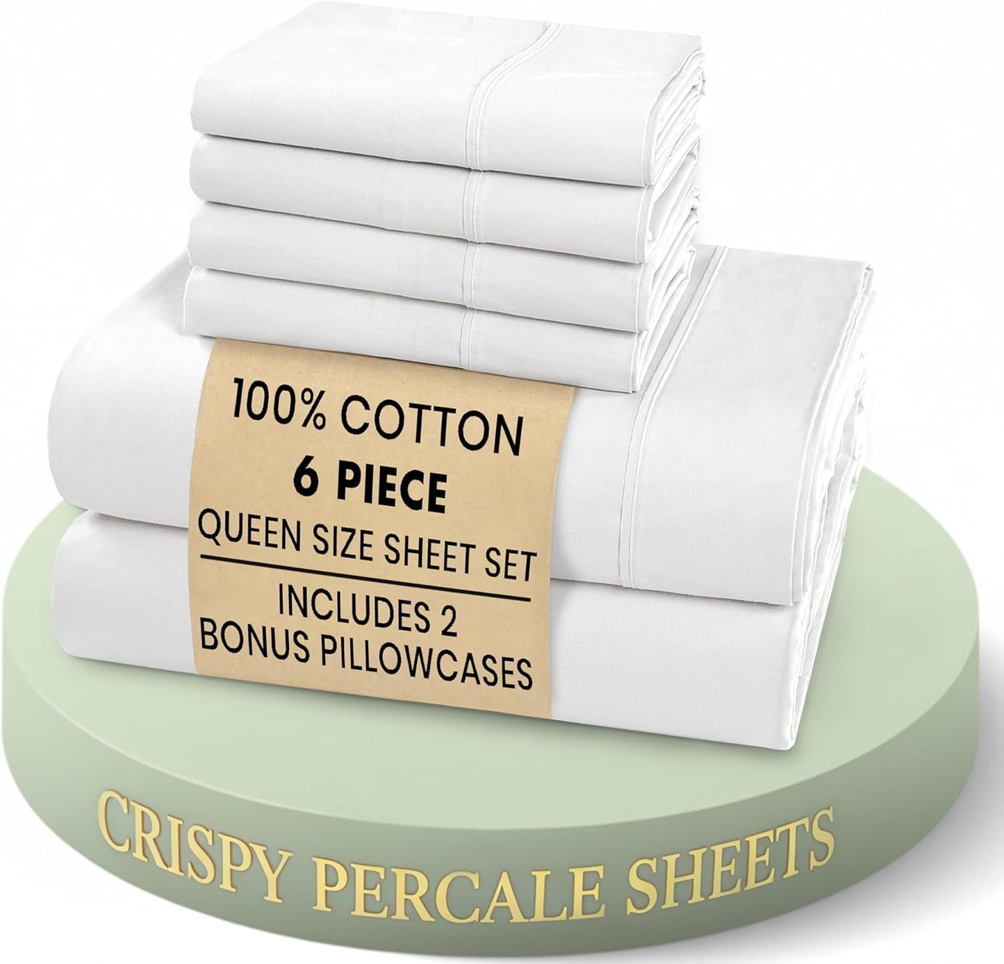 RUVANTI 6 Pcs Cotton Sheets - 100% Natural Cotton Soft, Lightweight & Breathable Crispy Percale Bed Sheets, Queen Sheet Set 16" Deep Pockets, Bright White