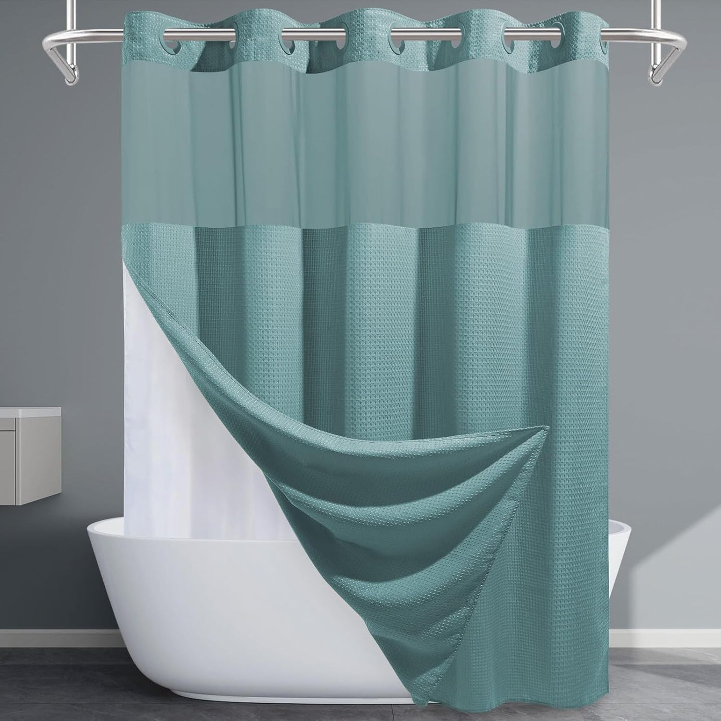 Grey Shower Curtain and Liner Set - 230GSM Waffle Weave Textured Heavy Duty,Hotel Luxury Weighted Bath Curtain,71W x 74H