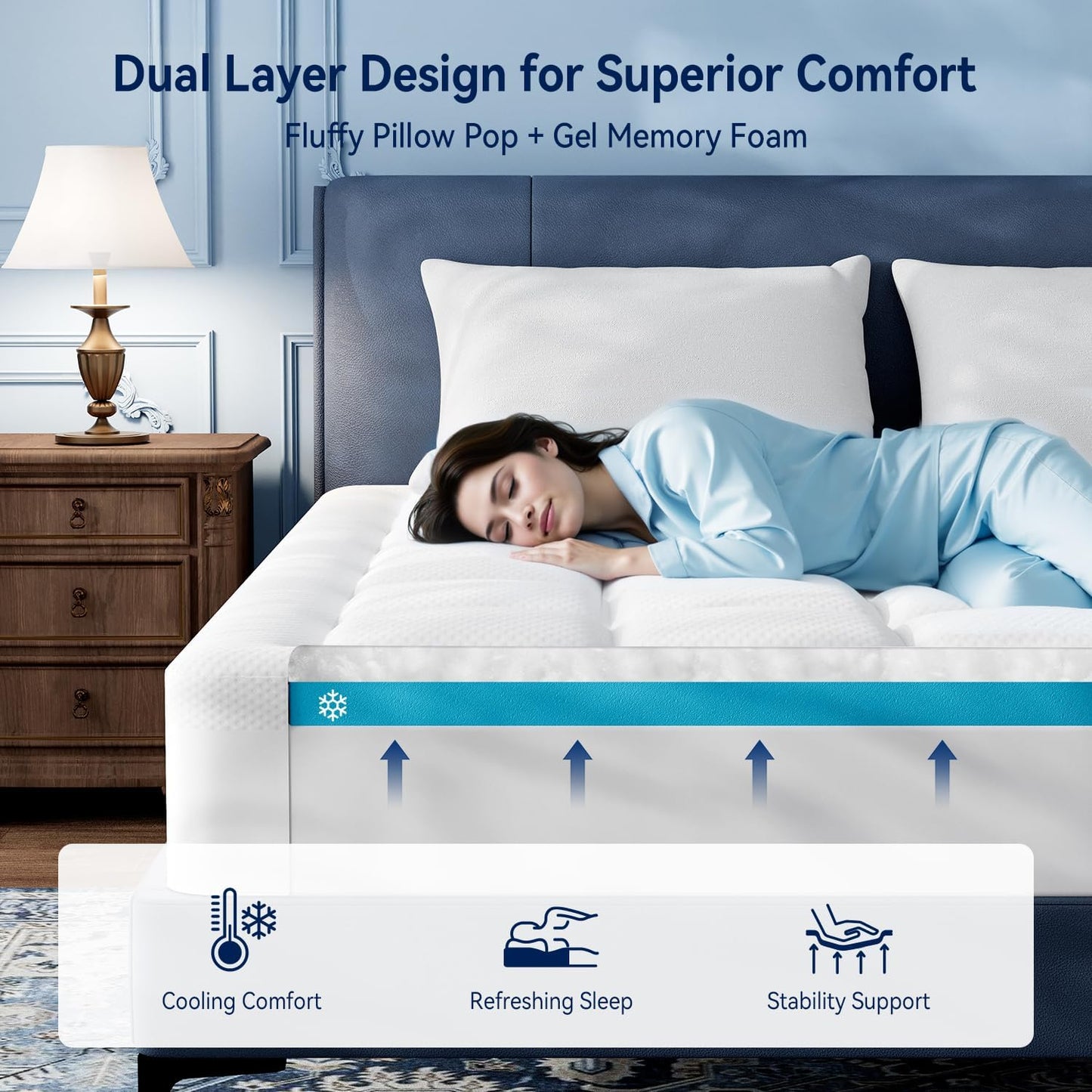 ELEMUSE Full XL Dual Layer 3 Inch Memory Foam Mattress Topper, 2 Inch Cooling Gel Memory Foam and 1 Inch Thick Soft Pillow Top Mattress Pad Cover for Back Pain Relief, Side Sleep Bed Topper