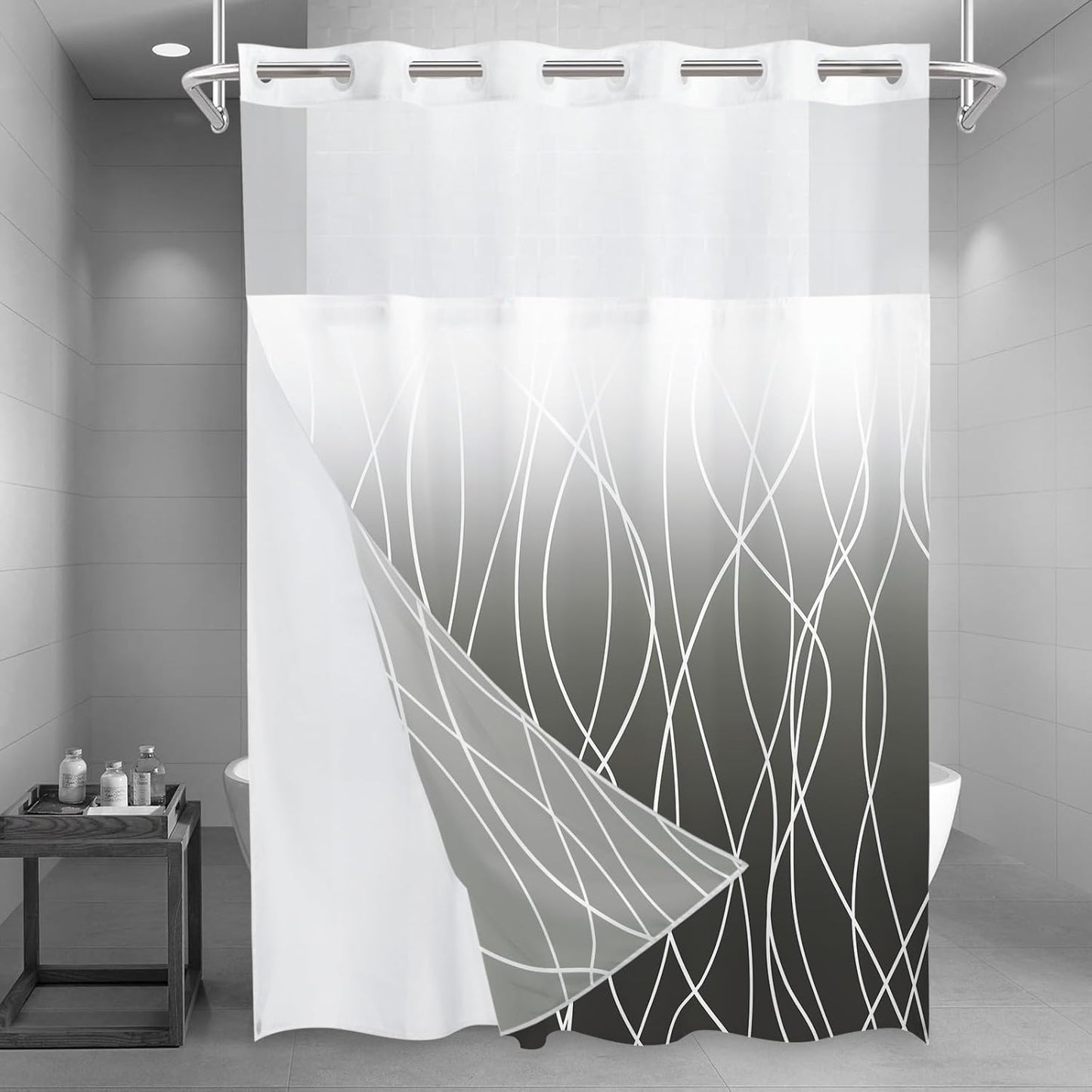 No Hook Grey White Striped Shower Curtain with Snap in Fabric Liner Set - Hotel Liner Set with See Through Mesh Top Window,Machine Washable, 71x74 INCH