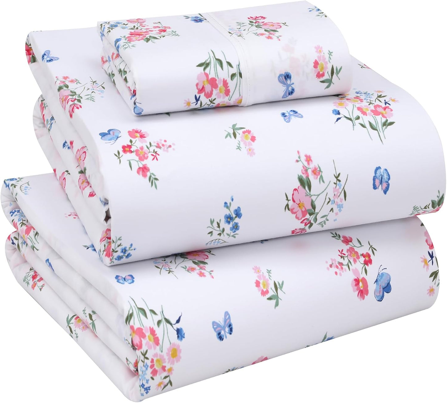 RUVANTI 100% Cotton Sheets Queen Size Set, 4 Pieces, Soft & Breathable Percale Weave Bedding, Deep Pocket 16", Hotel Standard, Crisp Cool Feeling, Durable, Perfect Floral Bed Sheet, Sweet Pea
