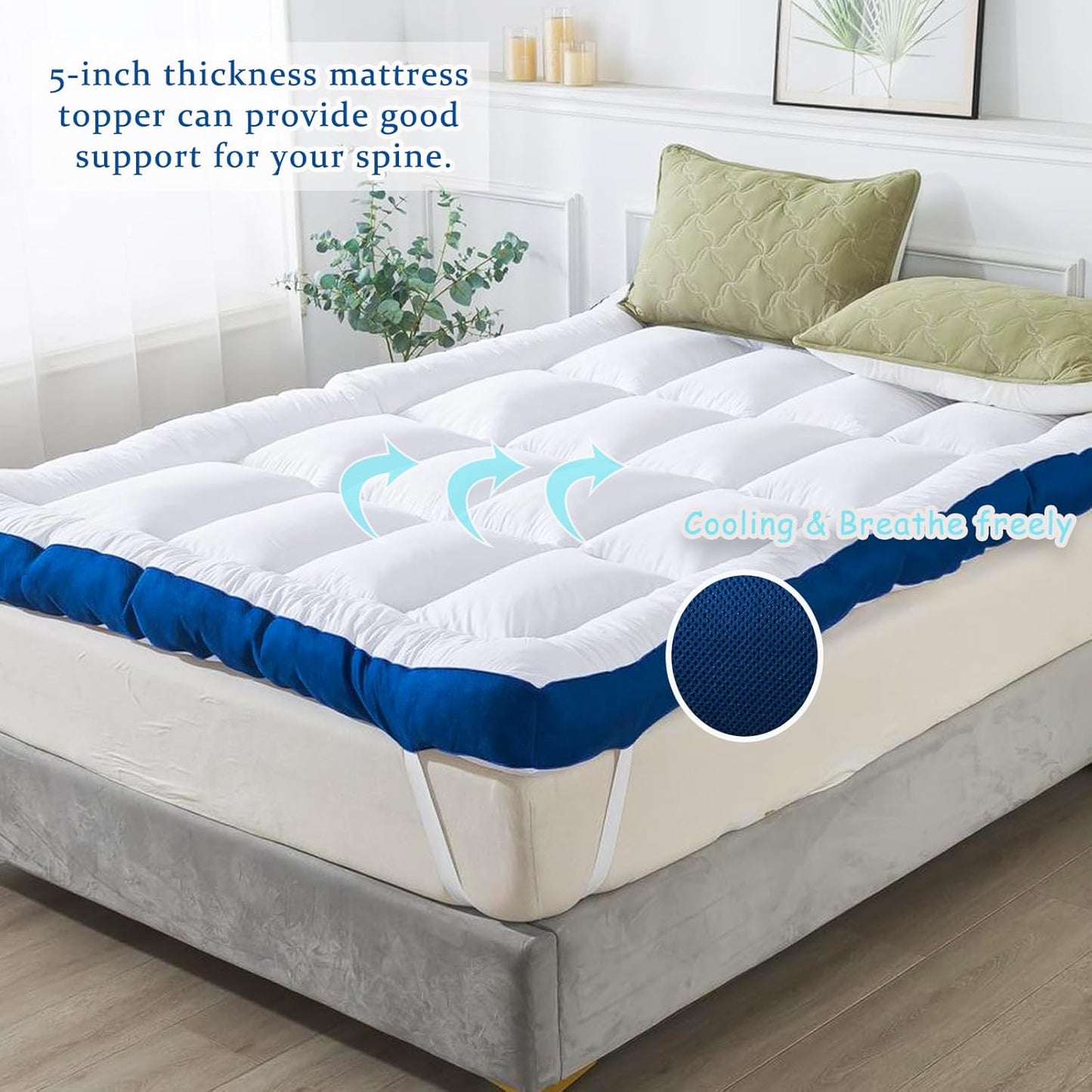 WhatsBedding 5 Inch Memory Foam Queen Mattress Topper 100% Cotton Top, Filled with Breathable & Soft Memory Foam Pillow Top,4 Elastic Straps