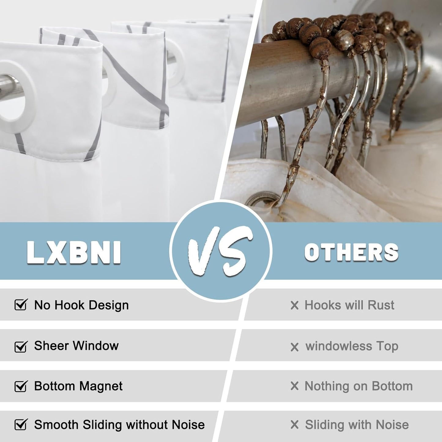 No Hook Grey White Striped Shower Curtain with Snap in Fabric Liner Set - Hotel Liner Set with See Through Mesh Top Window,Machine Washable, 71x74 INCH