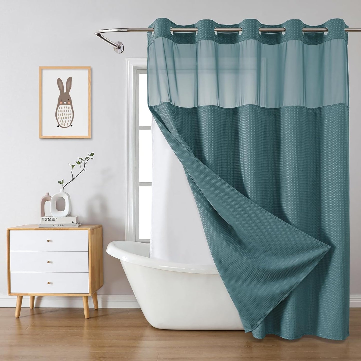 Grey No Hook Waffle Weave Shower Curtain with snap-in Liner Replacement, 230GSM Waterproof Fabric Hotel Shower Curtain Set for Bathroom, Through Mesh Top Window,71Wx74H