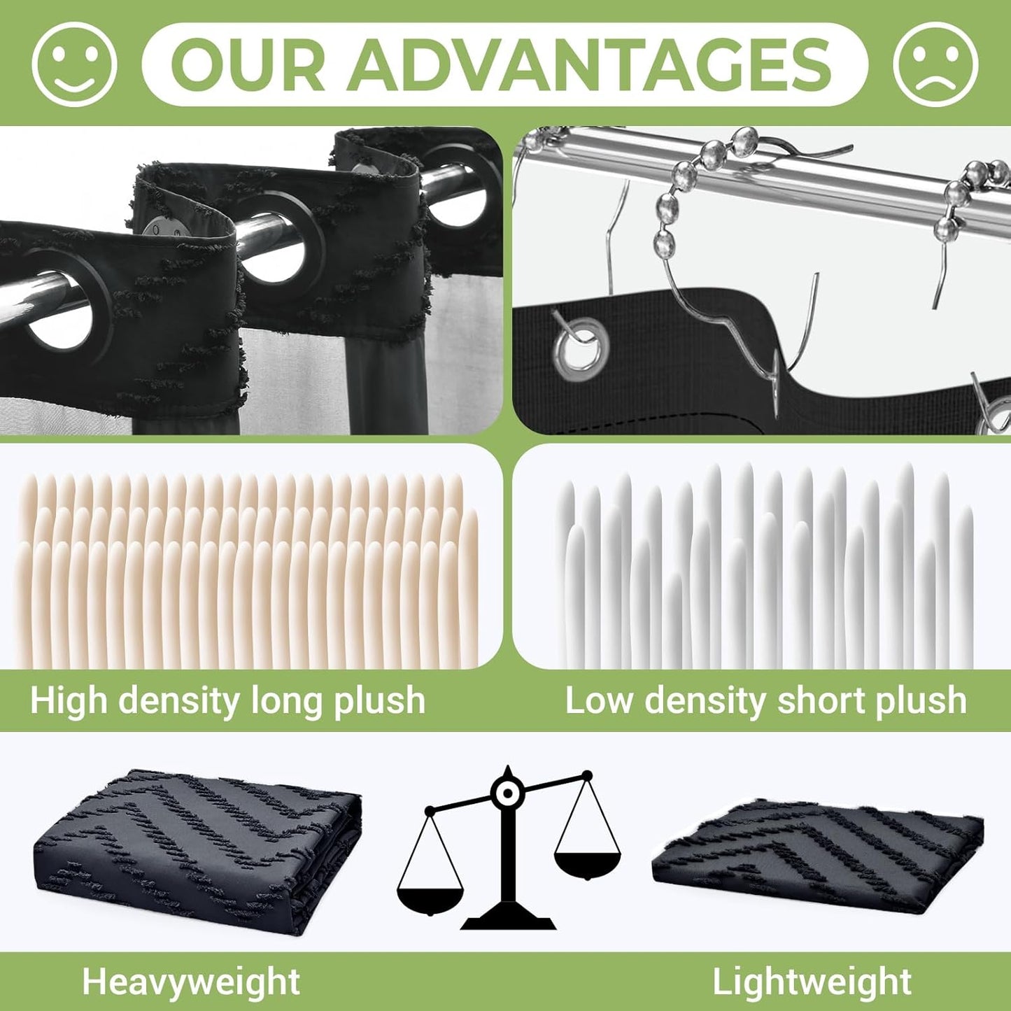 No Hook Shower Curtain with Snap in Liner, Black Tufted Chevron Striped Shower Curtains for Bathroom, Waterproof & Washable, 71Wx74H