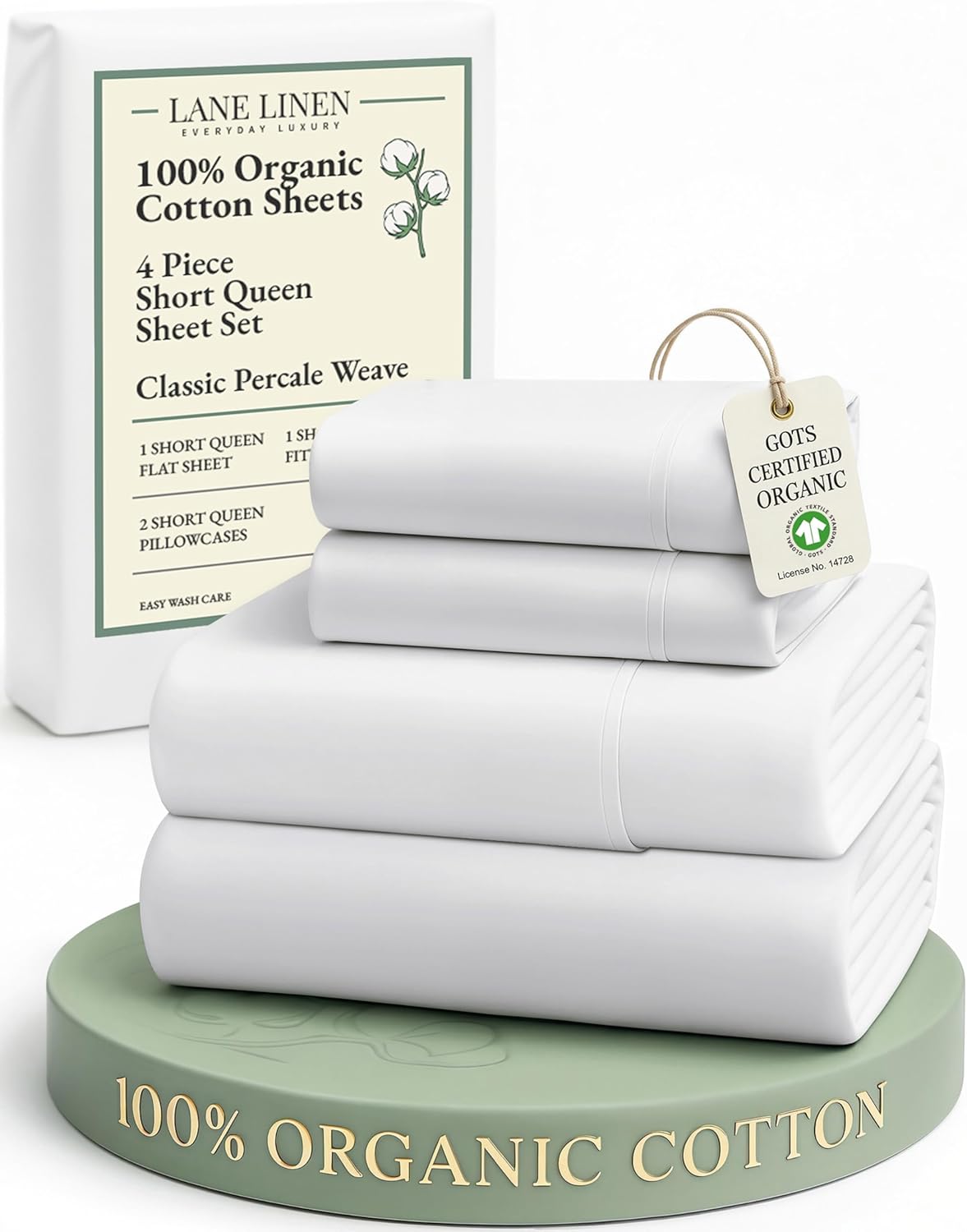 LANE LINEN 100% Organic Cotton Twin Sheets Set, 3Pc Twin Bed Sheets, Soft & Comfy Breathable Cotton Percale Sheets for Twin Size Bed, Dorm Room Essentials Low Pill Fade Resistant White Sheets