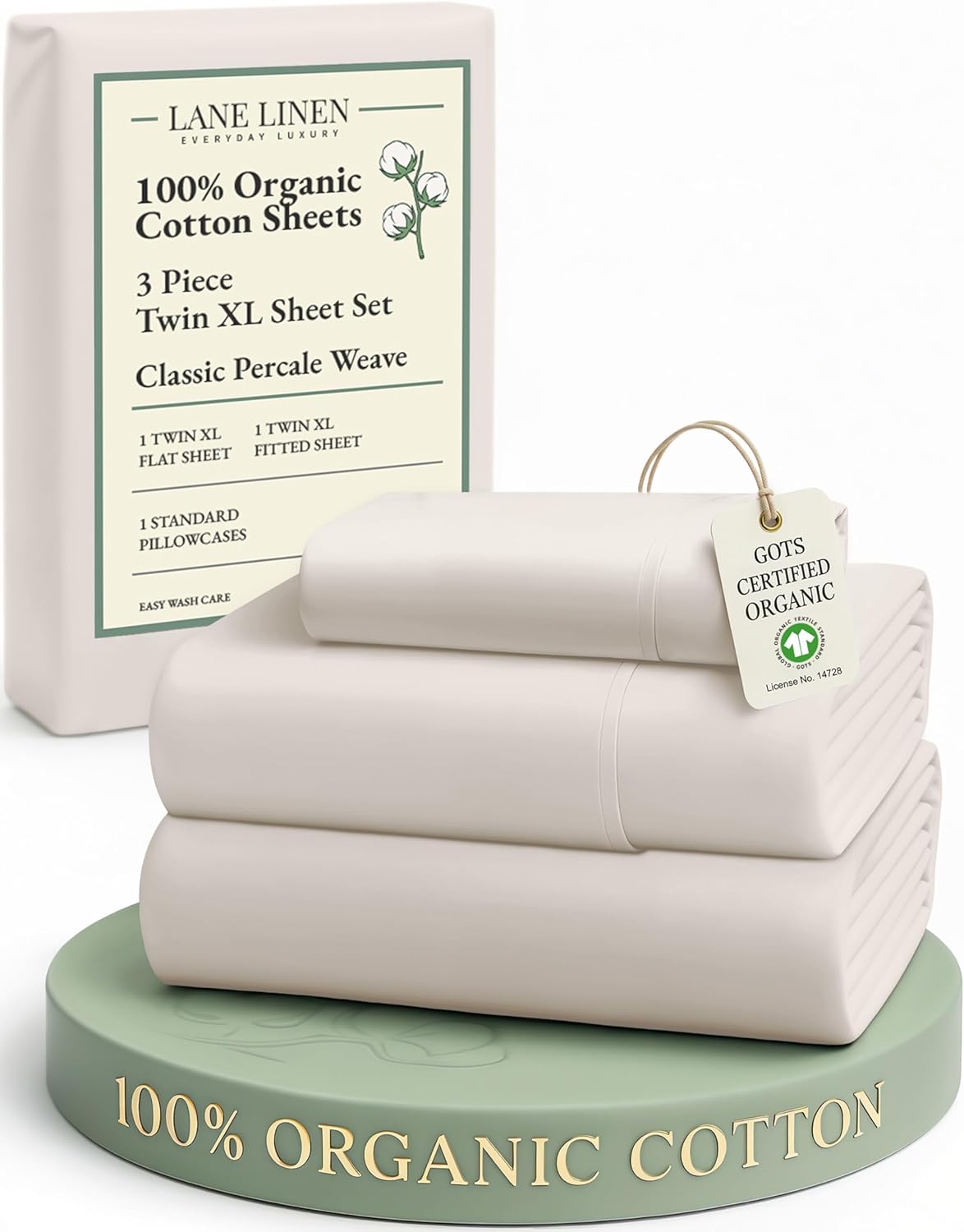 LANE LINEN 100% Organic Cotton Twin Sheets Set, 3Pc Twin Bed Sheets, Soft & Comfy Breathable Cotton Percale Sheets for Twin Size Bed, Dorm Room Essentials Low Pill Fade Resistant White Sheets