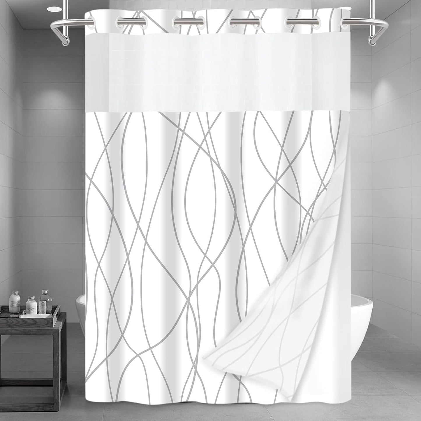 No Hook Grey White Striped Shower Curtain with Snap in Fabric Liner Set - Hotel Liner Set with See Through Mesh Top Window,Machine Washable, 71x74 INCH