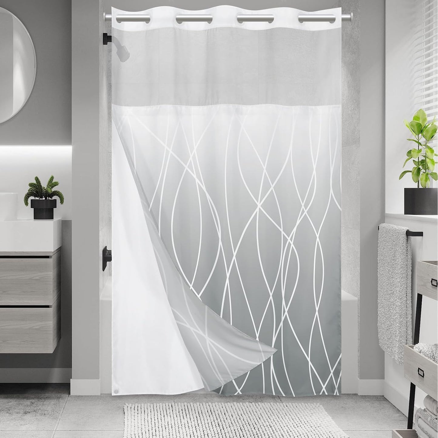 No Hook Grey White Striped Shower Curtain with Snap in Fabric Liner Set - Hotel Liner Set with See Through Mesh Top Window,Machine Washable, 71x74 INCH