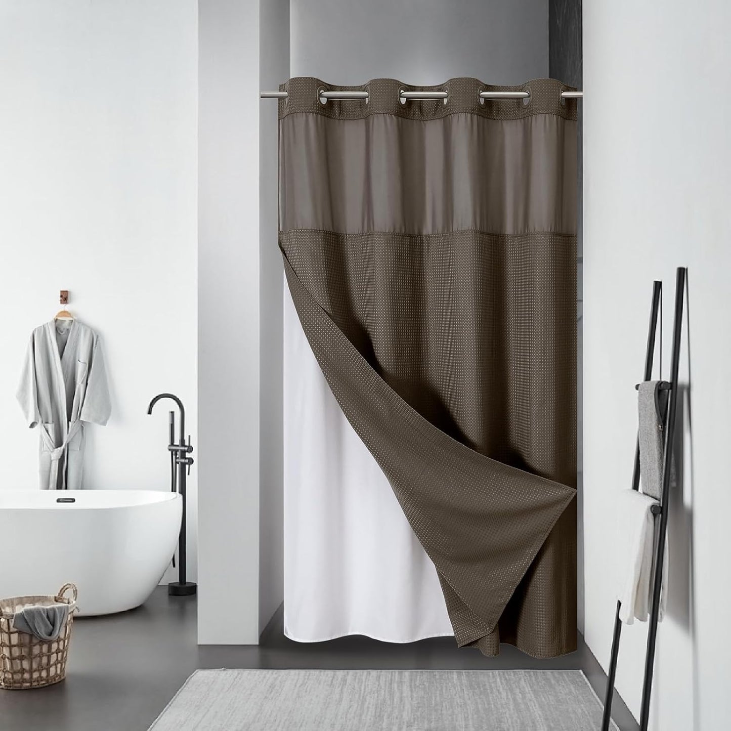 Grey No Hook Waffle Weave Shower Curtain with snap-in Liner Replacement, 230GSM Waterproof Fabric Hotel Shower Curtain Set for Bathroom, Through Mesh Top Window,71Wx74H