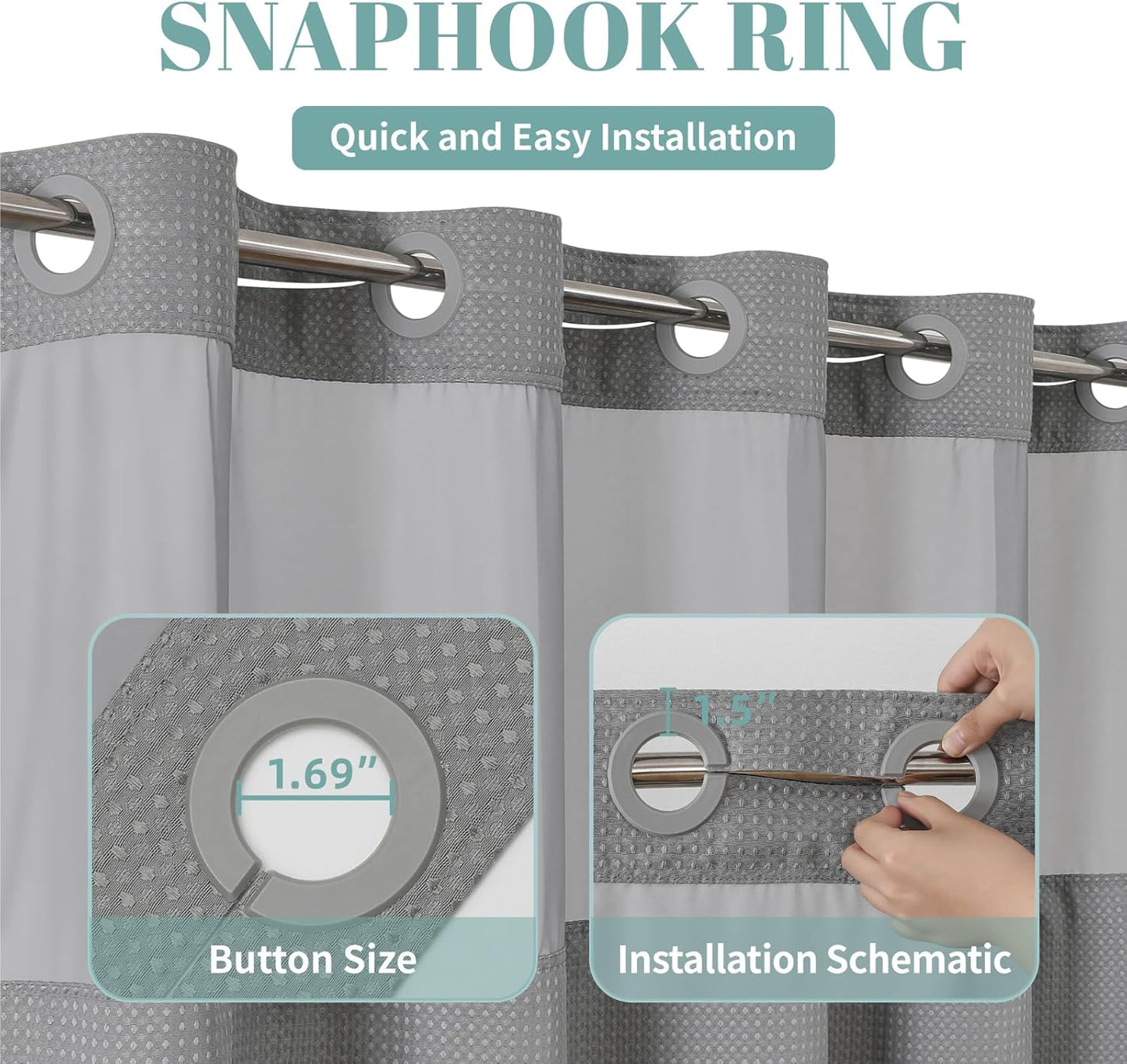 Grey No Hook Waffle Weave Shower Curtain with snap-in Liner Replacement, 230GSM Waterproof Fabric Hotel Shower Curtain Set for Bathroom, Through Mesh Top Window,71Wx74H