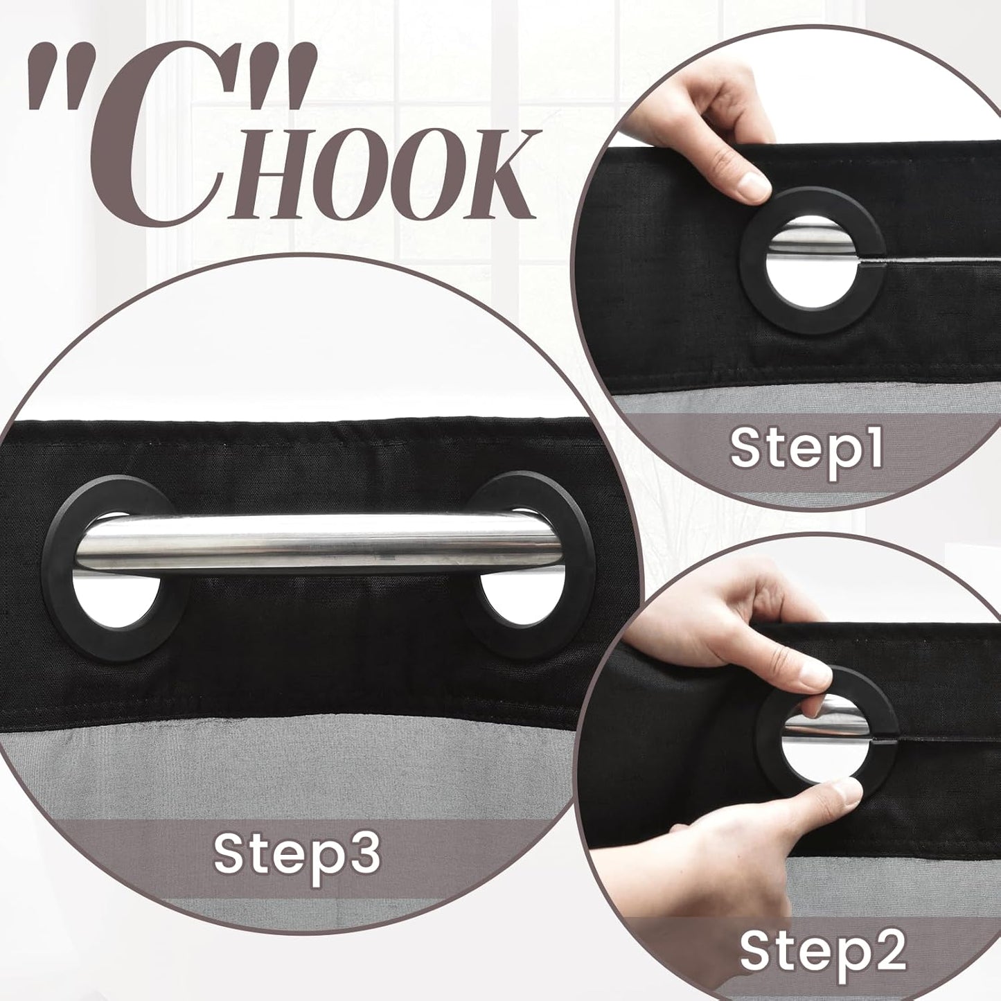 No Hook Slub Textured Shower Curtain with Snap in Liner - Black Fabric Outer Curtain & Waterproof Inner Liner, Hotel Style with See Through Top Window, 71x74 in