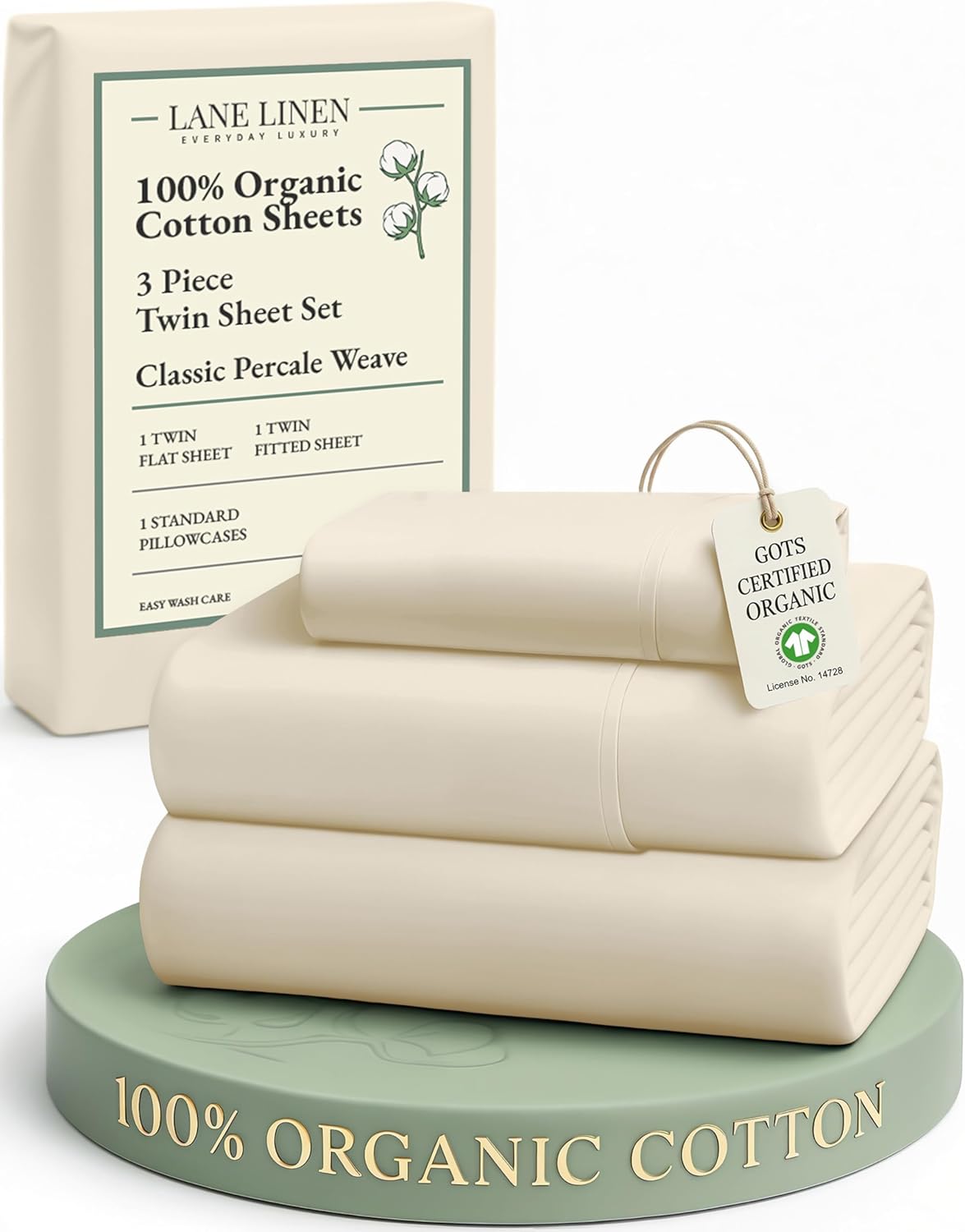 LANE LINEN 100% Organic Cotton Twin Sheets Set, 3Pc Twin Bed Sheets, Soft & Comfy Breathable Cotton Percale Sheets for Twin Size Bed, Dorm Room Essentials Low Pill Fade Resistant White Sheets