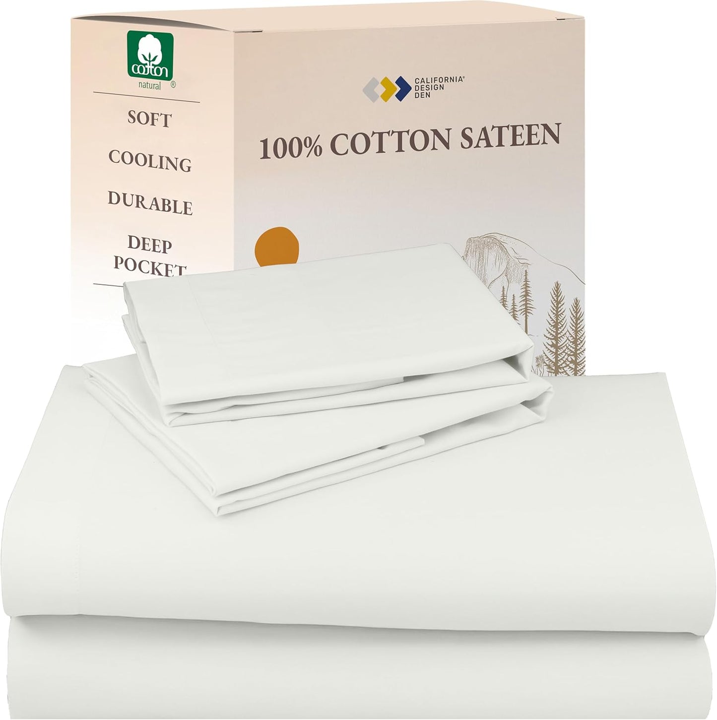 California Design Den Queen Sheet Set - Natural 100% Cotton Sheets Queen Size Bed Set with Deep Pockets, Soft Sateen Weave, Breathable and Durable Bedding (White)