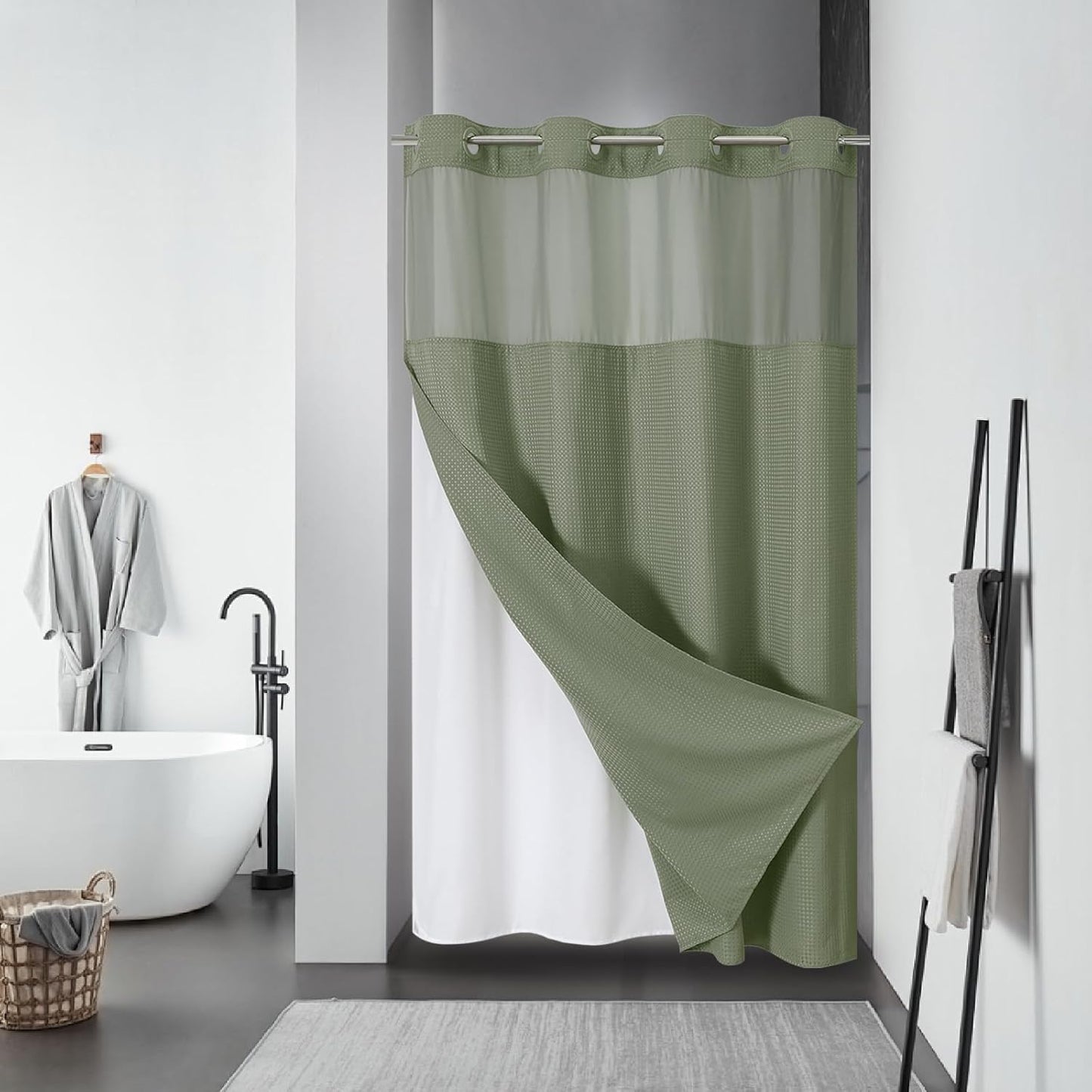 Grey No Hook Waffle Weave Shower Curtain with snap-in Liner Replacement, 230GSM Waterproof Fabric Hotel Shower Curtain Set for Bathroom, Through Mesh Top Window,71Wx74H