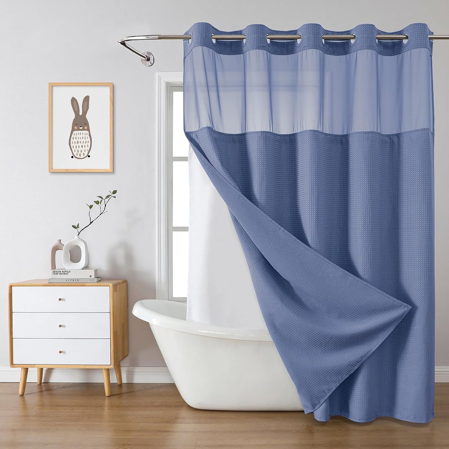 Grey No Hook Waffle Weave Shower Curtain with snap-in Liner Replacement, 230GSM Waterproof Fabric Hotel Shower Curtain Set for Bathroom, Through Mesh Top Window,71Wx74H