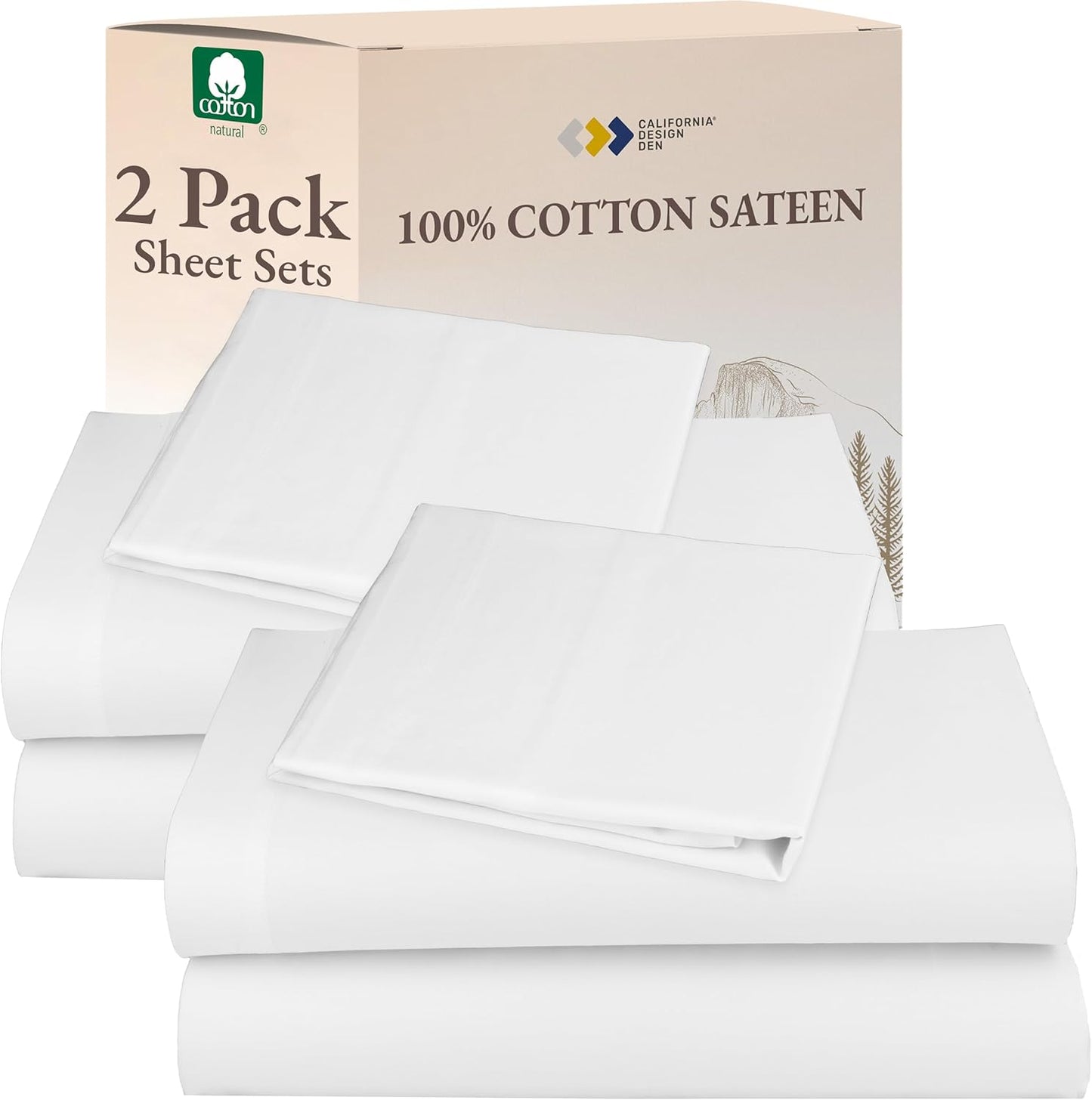 California Design Den Queen Sheet Set - Natural 100% Cotton Sheets Queen Size Bed Set with Deep Pockets, Soft Sateen Weave, Breathable and Durable Bedding (White)