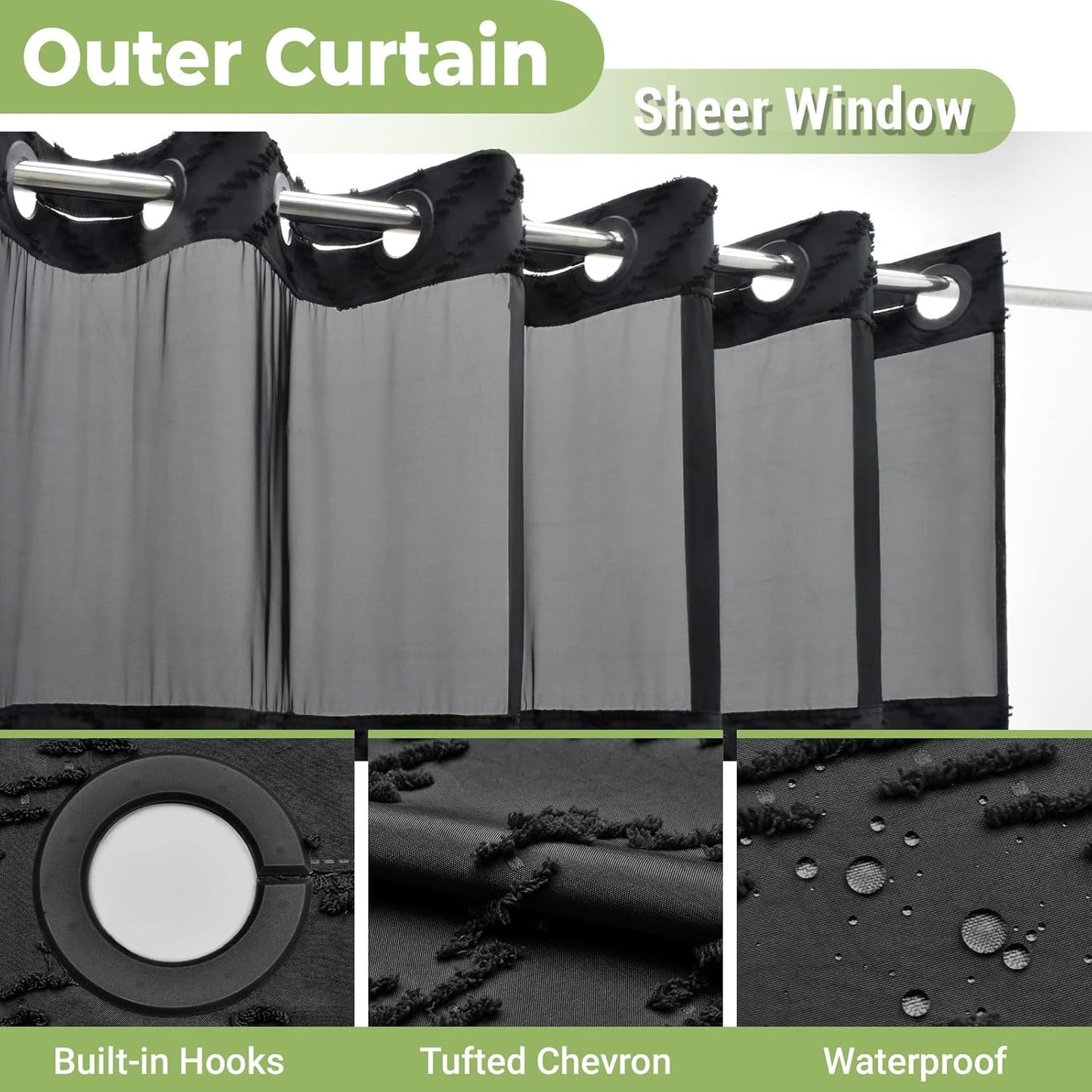 No Hook Shower Curtain with Snap in Liner, Black Tufted Chevron Striped Shower Curtains for Bathroom, Waterproof & Washable, 71Wx74H