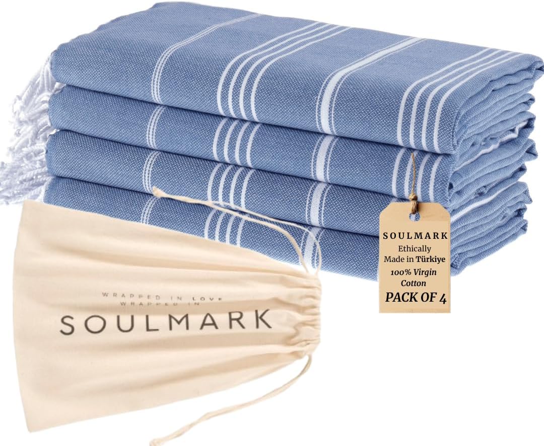 SOULMARK 100% Cotton Turkish Beach Towel with Bag - 38"x71" - 4 Pack - Made in Green & Oeko TEX Certified - Pre-Washed and Sand Free - Quick Dry and Lightweight for Travel - Made in Turkey - Purple