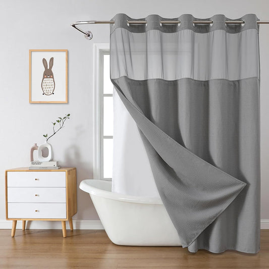 Grey No Hook Waffle Weave Shower Curtain with snap-in Liner Replacement, 230GSM Waterproof Fabric Hotel Shower Curtain Set for Bathroom, Through Mesh Top Window,71Wx74H