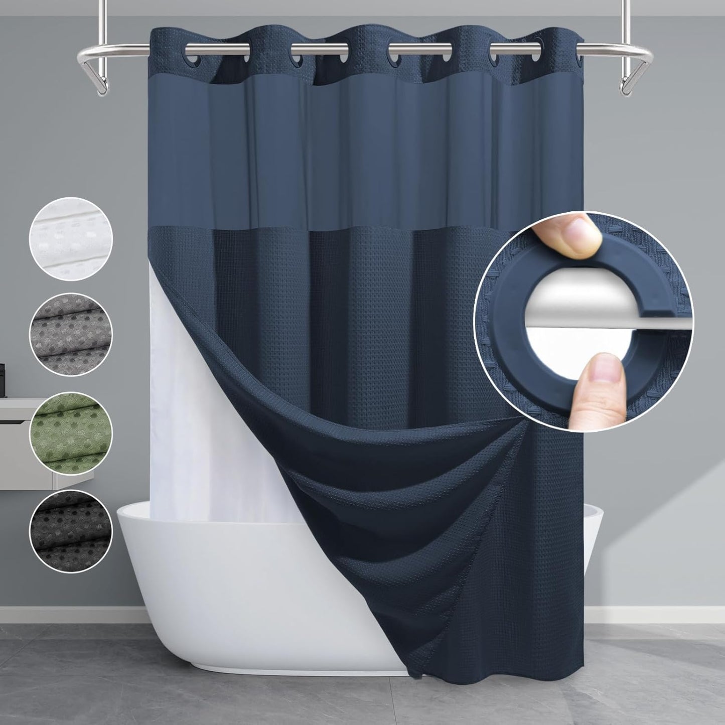 Grey Shower Curtain and Liner Set - 230GSM Waffle Weave Textured Heavy Duty,Hotel Luxury Weighted Bath Curtain,71W x 74H