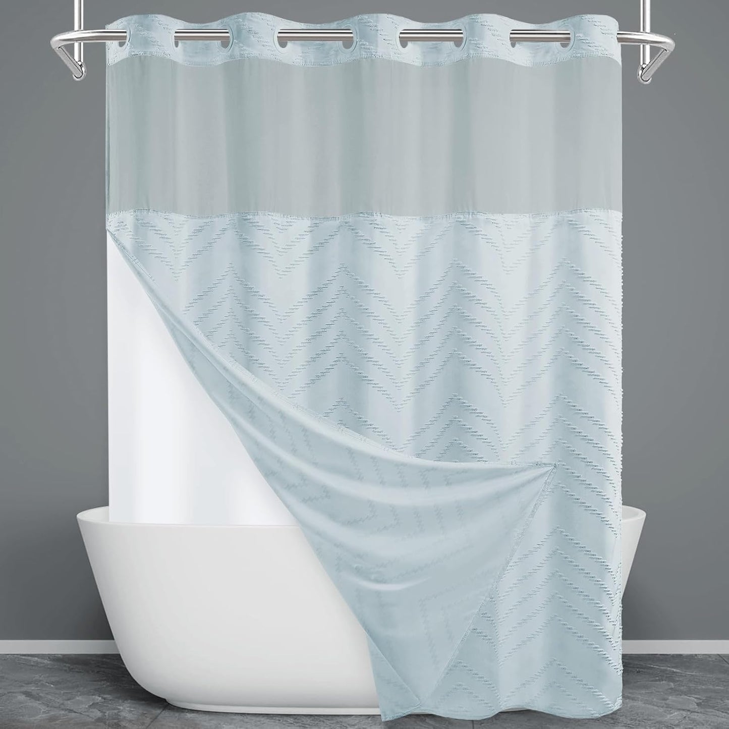 No Hook Shower Curtain with Snap in Liner, Black Tufted Chevron Striped Shower Curtains for Bathroom, Waterproof & Washable, 71Wx74H