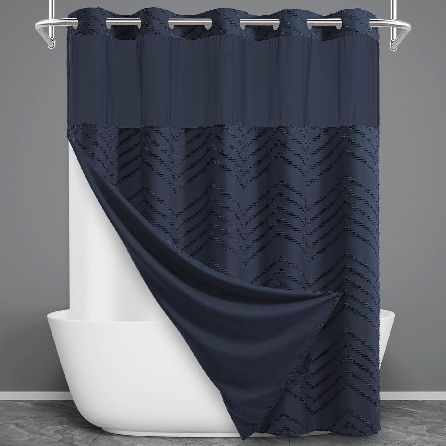 No Hook Shower Curtain with Snap in Liner, Black Tufted Chevron Striped Shower Curtains for Bathroom, Waterproof & Washable, 71Wx74H