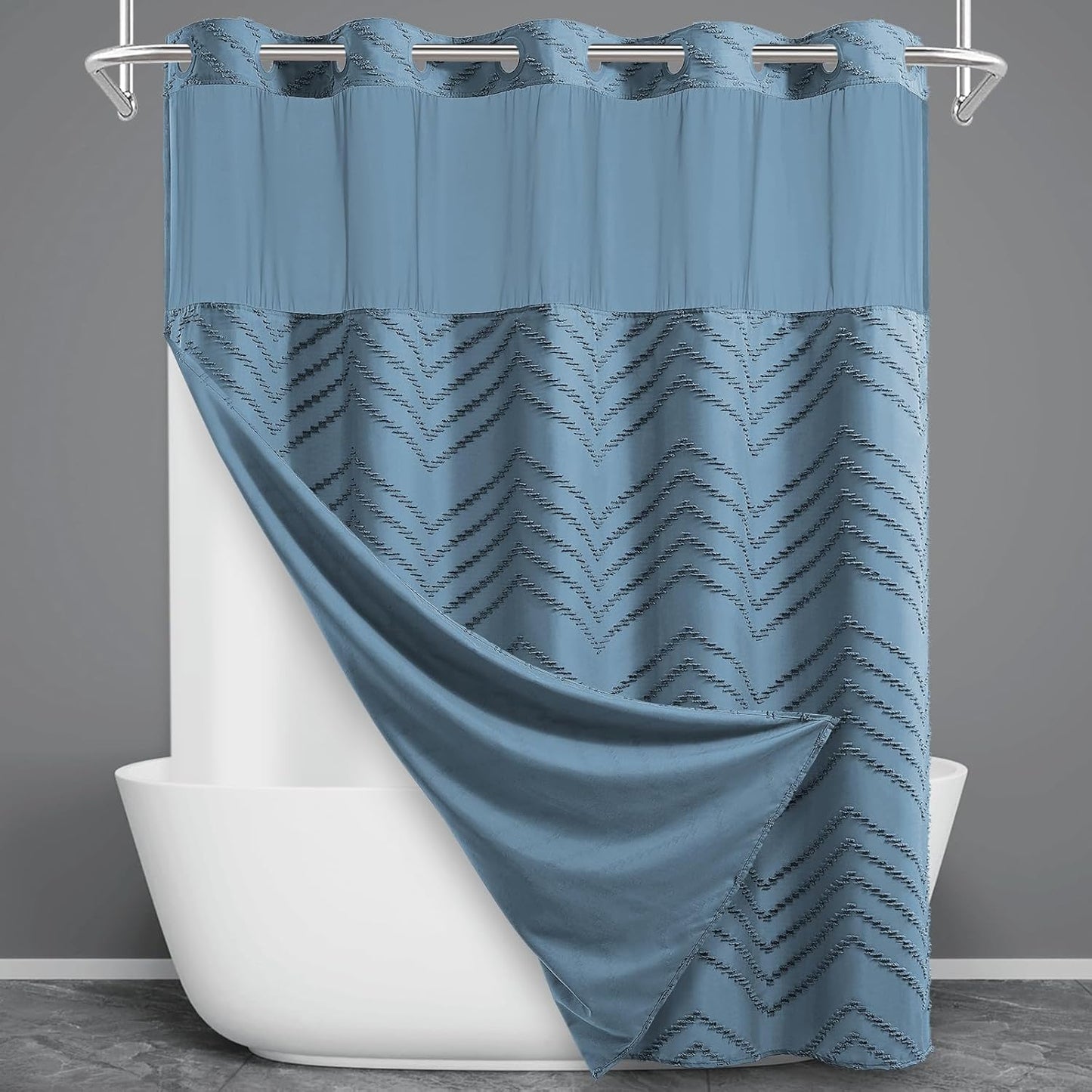 No Hook Shower Curtain with Snap in Liner, Black Tufted Chevron Striped Shower Curtains for Bathroom, Waterproof & Washable, 71Wx74H
