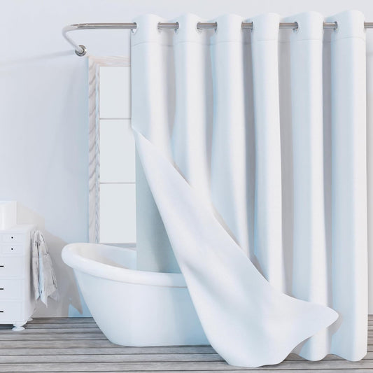 ZEKE & Zelda Hotel Shower Curtain with Snap-On Reusable Washable Liner – Extra Long 71x77 Heavy Duty 230GSM Fabric Hookless Design – Water Resistant Full Length Bathroom Curtain (White)