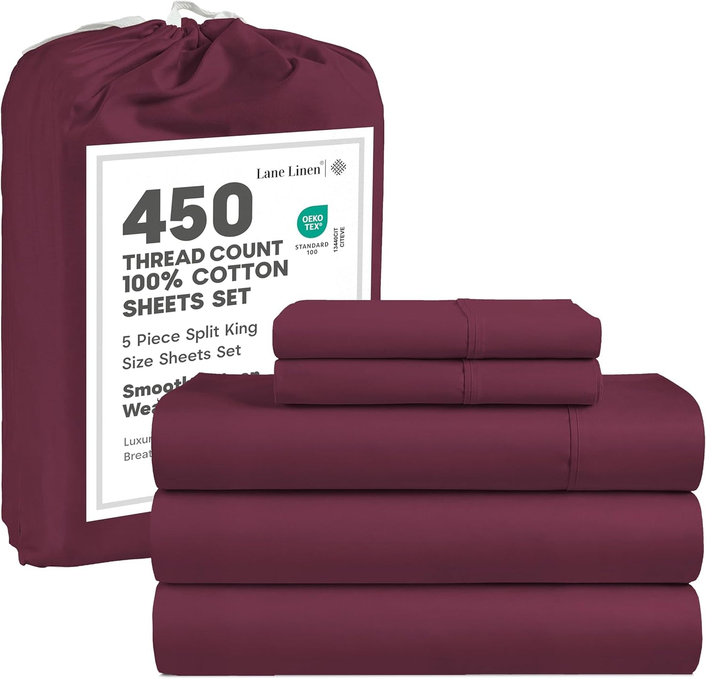 Lane Linen 100% Cotton Sheets – 450 Thread Count Full Size Sheet Set, Naturally Cooling Sateen Sheets, Soft & Comfy, 15” Deep Pocket Fully Elasticized Fitted Sheet, Bedding Sheets & Pillowcases, White