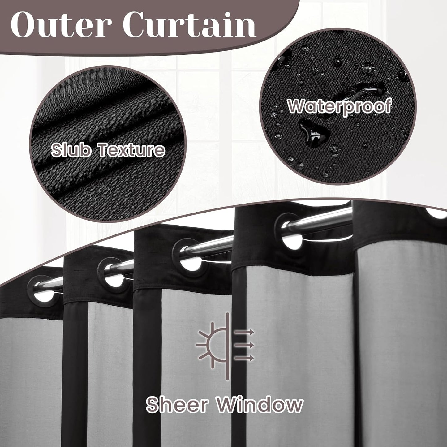 No Hook Slub Textured Shower Curtain with Snap in Liner - Black Fabric Outer Curtain & Waterproof Inner Liner, Hotel Style with See Through Top Window, 71x74 in