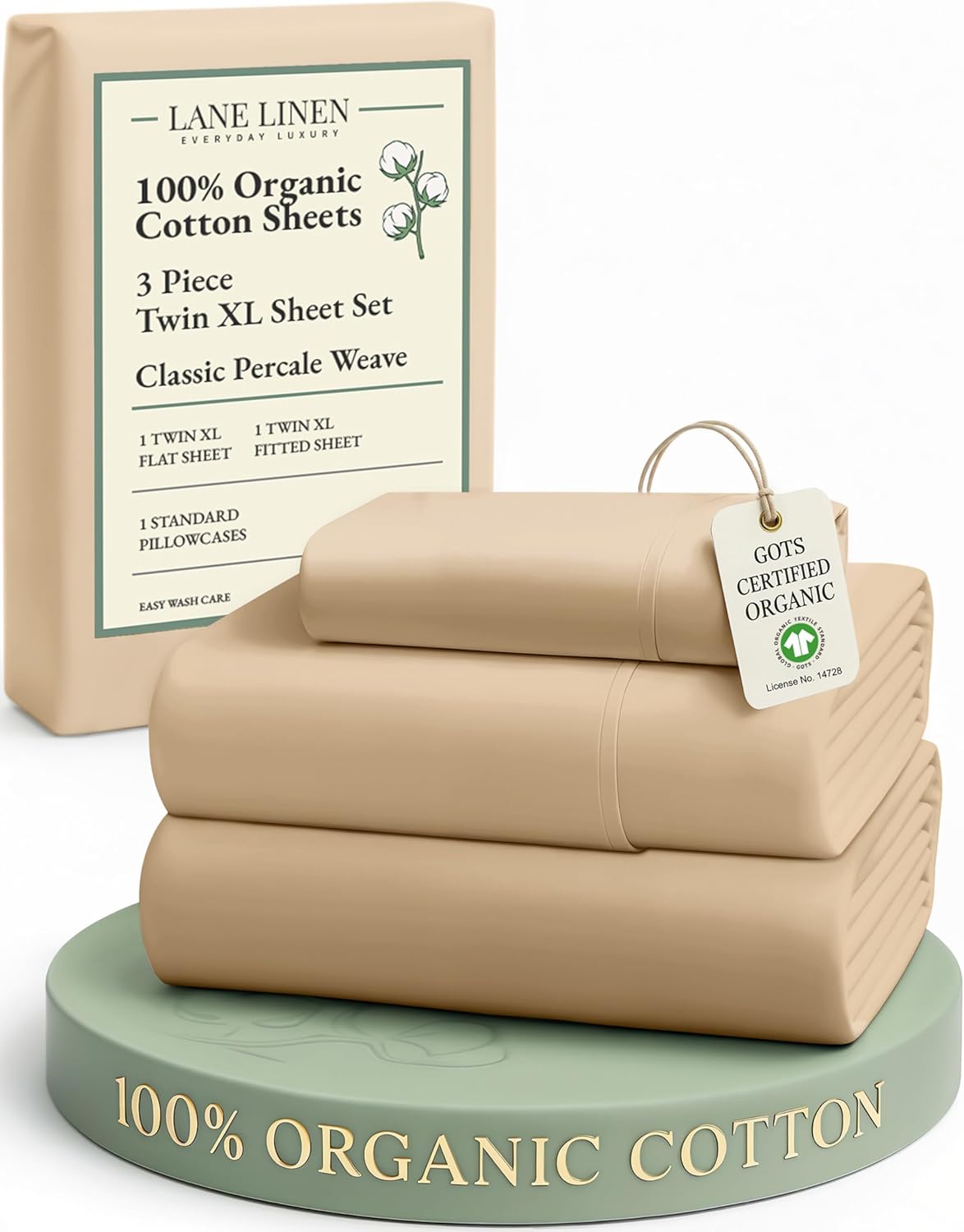 LANE LINEN 100% Organic Cotton Twin Sheets Set, 3Pc Twin Bed Sheets, Soft & Comfy Breathable Cotton Percale Sheets for Twin Size Bed, Dorm Room Essentials Low Pill Fade Resistant White Sheets