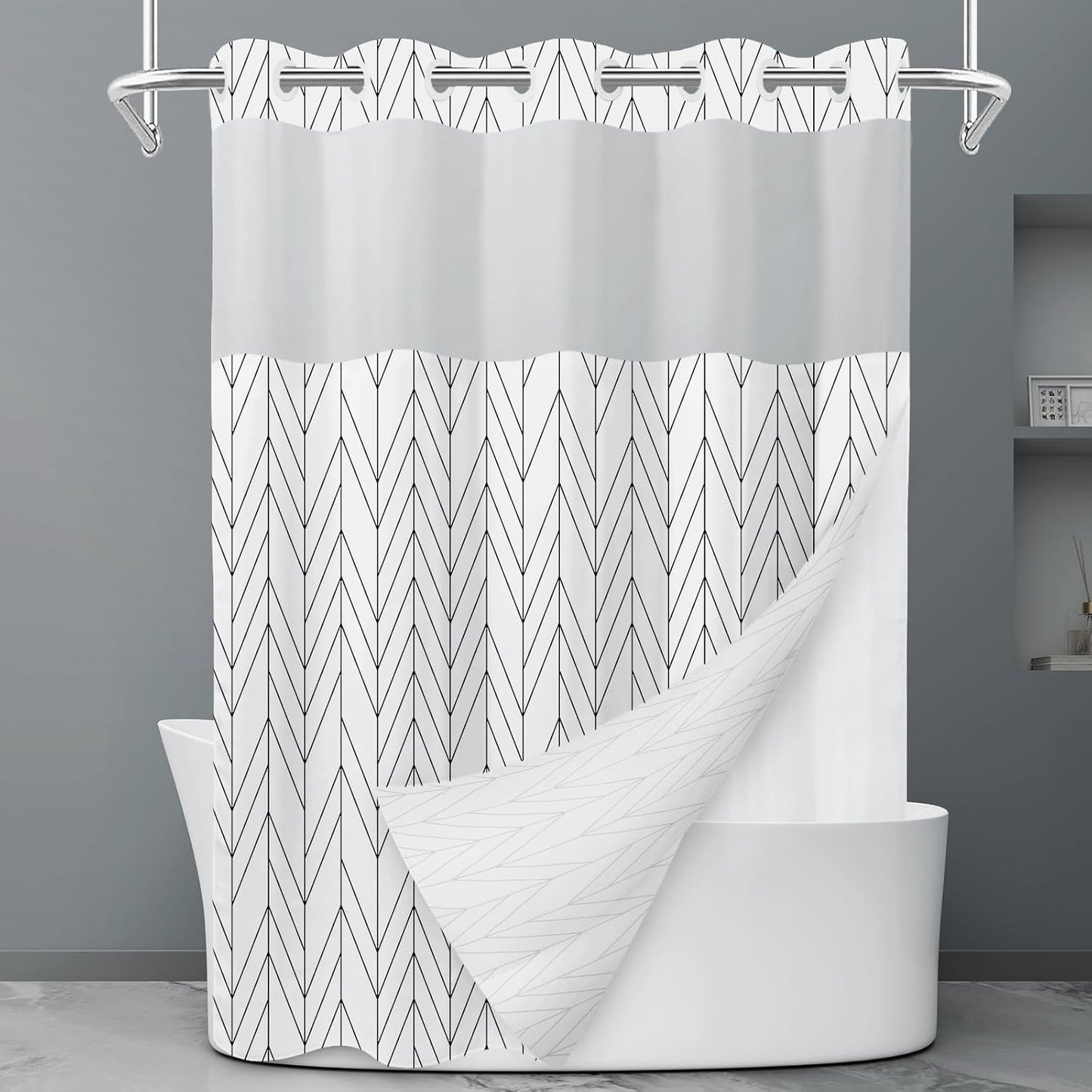 No Hook Grey White Striped Shower Curtain with Snap in Fabric Liner Set - Hotel Liner Set with See Through Mesh Top Window,Machine Washable, 71x74 INCH