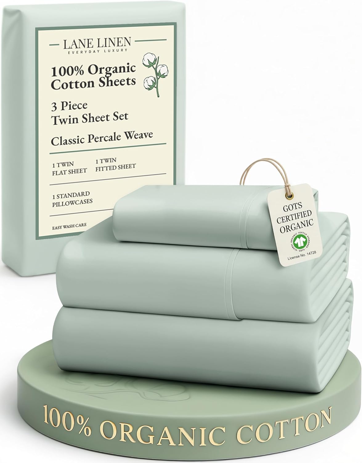 LANE LINEN 100% Organic Cotton Twin Sheets Set, 3Pc Twin Bed Sheets, Soft & Comfy Breathable Cotton Percale Sheets for Twin Size Bed, Dorm Room Essentials Low Pill Fade Resistant White Sheets