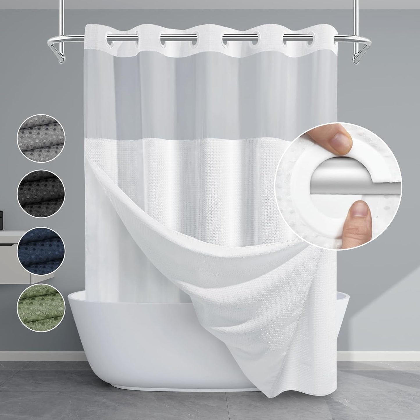 Grey Shower Curtain and Liner Set - 230GSM Waffle Weave Textured Heavy Duty,Hotel Luxury Weighted Bath Curtain,71W x 74H