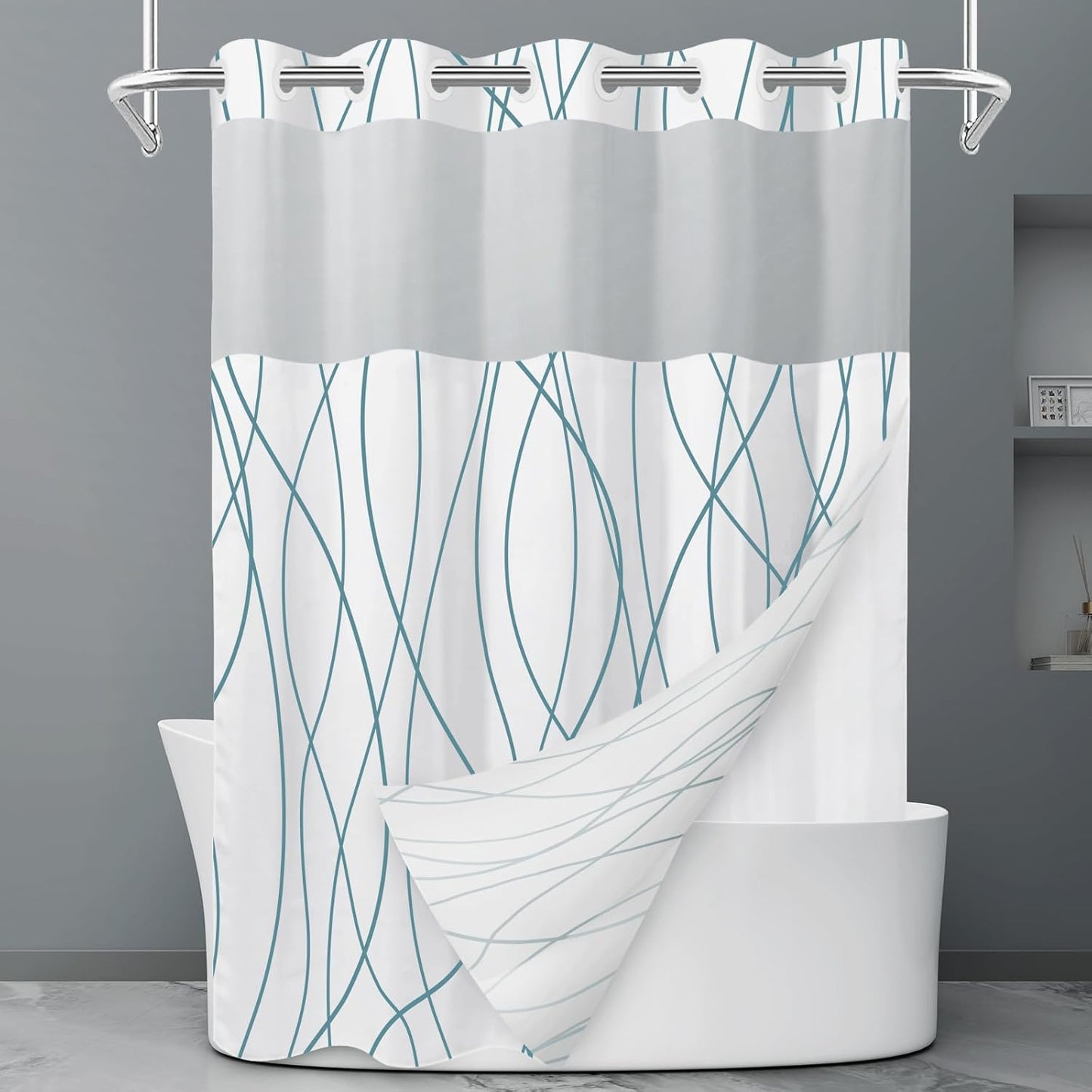 No Hook Grey White Striped Shower Curtain with Snap in Fabric Liner Set - Hotel Liner Set with See Through Mesh Top Window,Machine Washable, 71x74 INCH