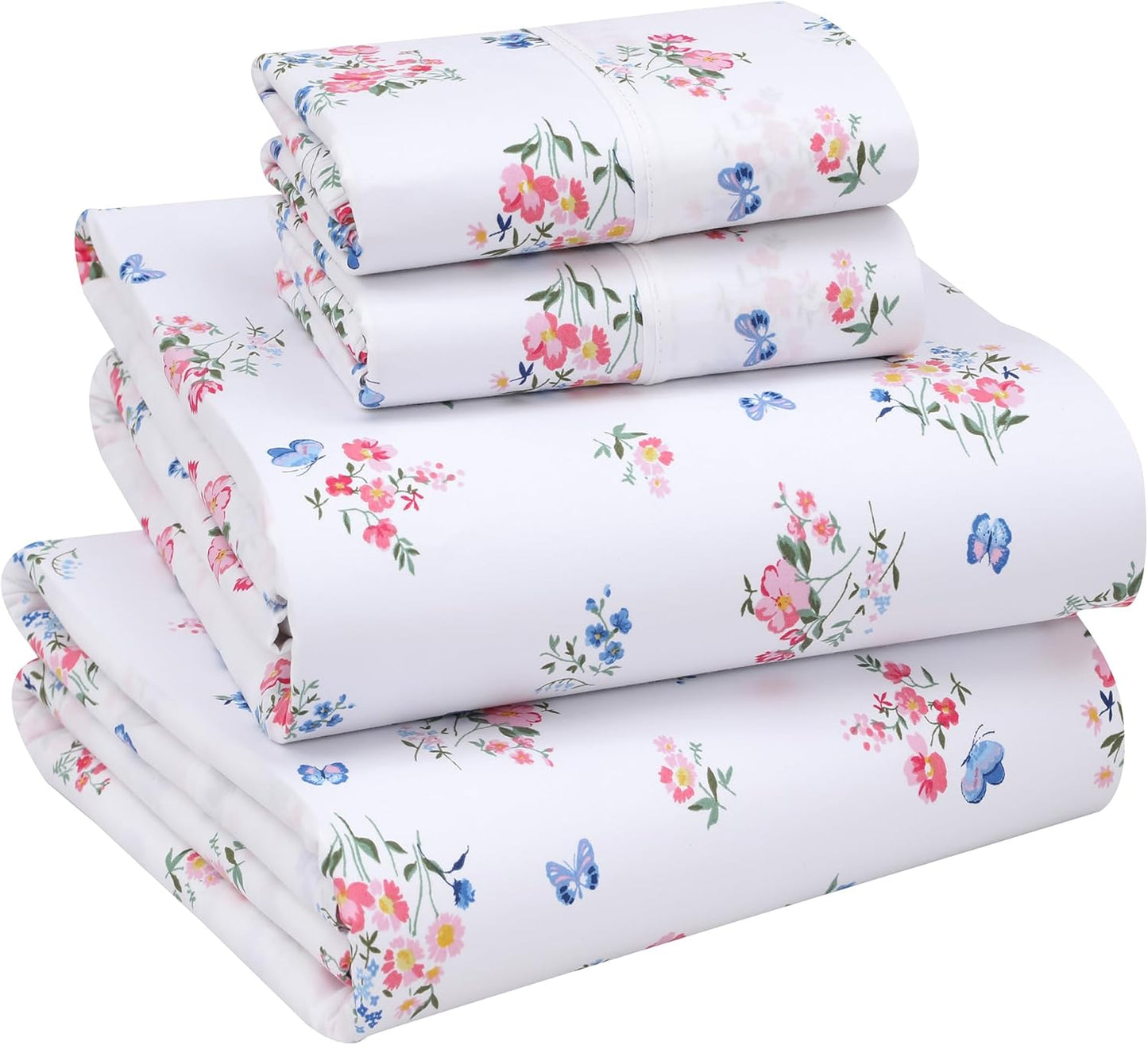 RUVANTI 100% Cotton Sheets Queen Size Set, 4 Pieces, Soft & Breathable Percale Weave Bedding, Deep Pocket 16", Hotel Standard, Crisp Cool Feeling, Durable, Perfect Floral Bed Sheet, Sweet Pea
