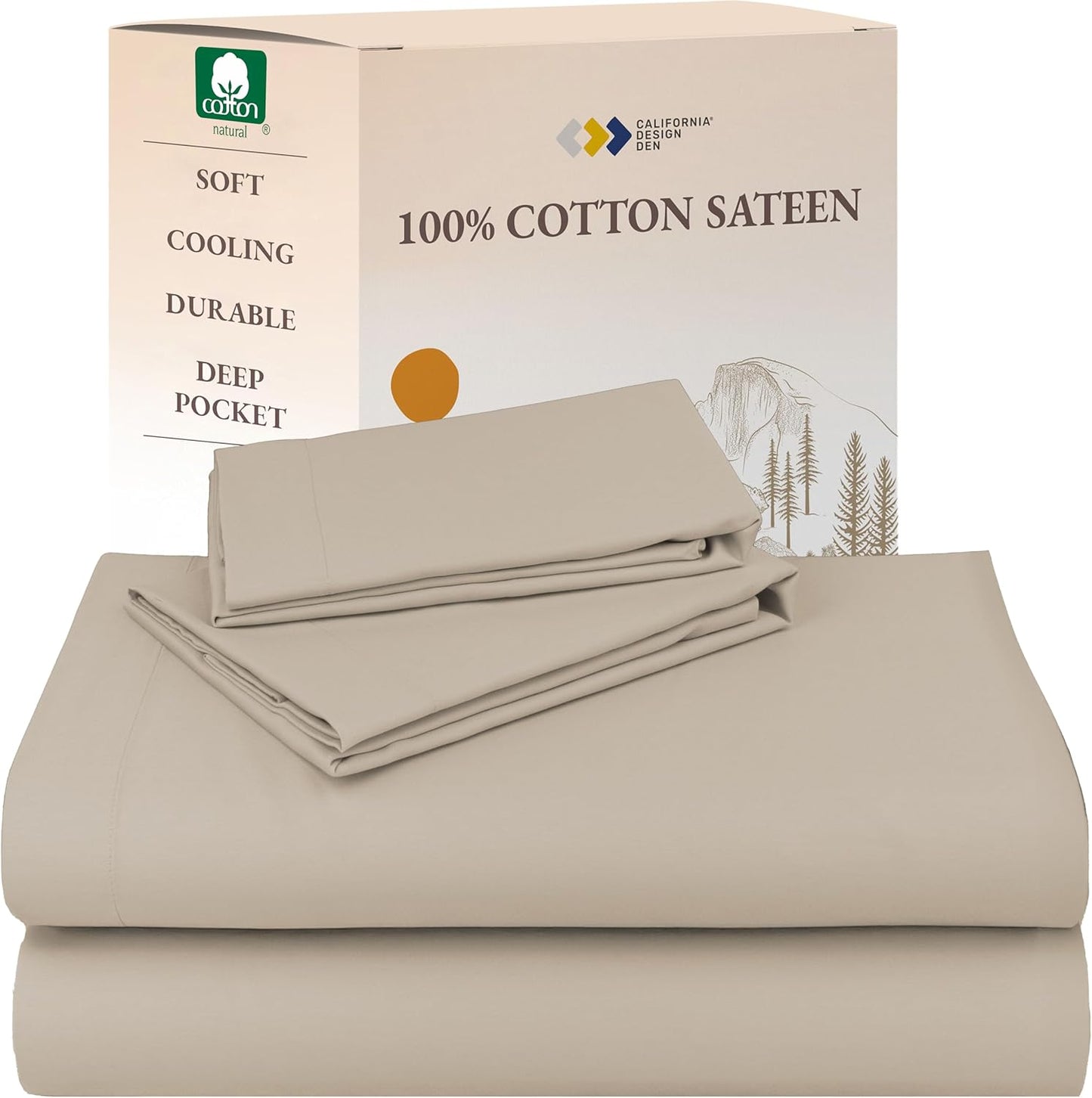 California Design Den Queen Sheet Set - Natural 100% Cotton Sheets Queen Size Bed Set with Deep Pockets, Soft Sateen Weave, Breathable and Durable Bedding (White)